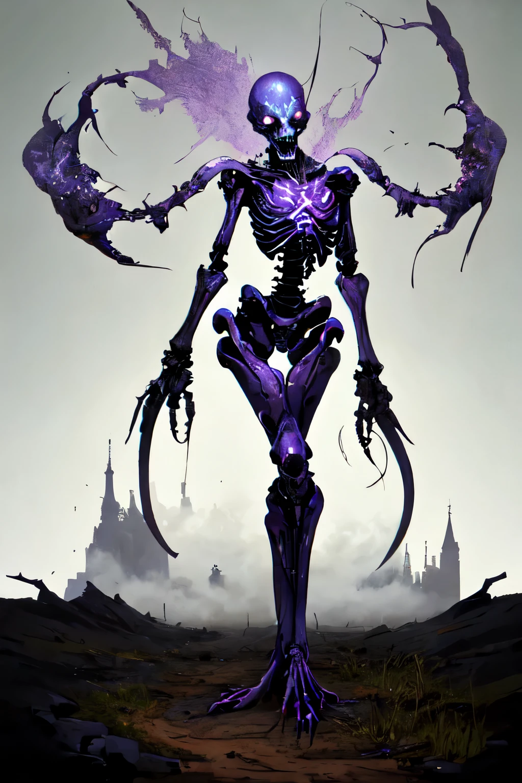 (full body image, (forbidden to cut or not) They show up completely, Formato PNG , transparent background, white background, tema fauna, Animais, RPG)(((highest quality tattoo)))(((best image)))外見は黒いmist,Put on your armor,diamond head((( Aparência)))gas lamp of the skeleton,Modern Weapons (((recursos)))eyes glowing in red,The shape is made of glowing purple matter..(((macho)))The skeleton is similar to the human、iridescent long cabelos.,mistのようなもので構築している(((experience)))barren land,Dead Tree ,mist,chaotic world(((Upright posture)))battle scenes,extremely strong,highest quality tattoo。 Eye in the middle of the character