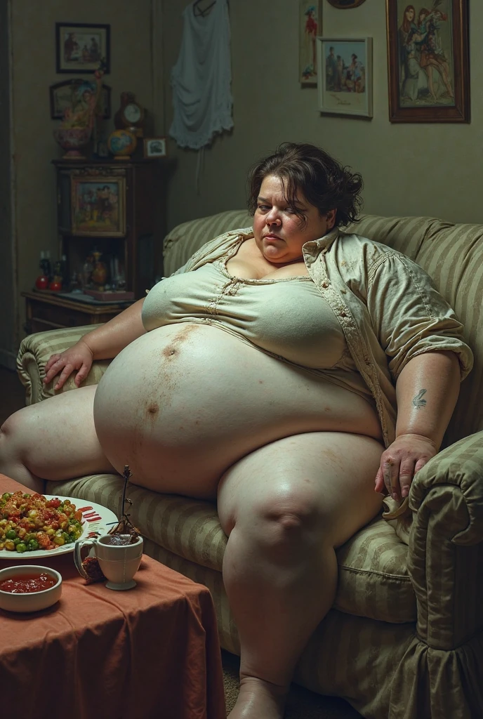 An elderly woman aged 65, with an easy, suffering expression and strong features, with a big nose, thick eyebrow, with an obese body weighing 65 kilos, 167 centimeters tall, thick legs and very large, saggy breasts, with a vagina with short, gray hair, with long black hair. She is completely naked, wearing prescription glasses and wearing flip flops. She is seen full-length from a side angle with her hands resting on a table., sticking your buttocks out and looking slightly upwards. In a humble kitchen with little light at night