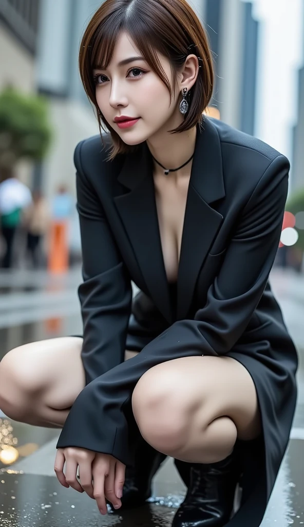 ((Best quality, 8k, Masterpiece: 1.3)), Contour: 1.2, Perfect body beauty: 1.4, Butt: 1.2, ((layered haircut, Round chest: 1.5, cleavage exposed) ), (sunny, Street: 1.3), black coat: 1.1, Highly detailed face and skin texture, Beautiful eyes, Double eyelids, White skin, Long hair, (Silent: 1.3),Ultra HD,8K, from behind, wearing a long black coat