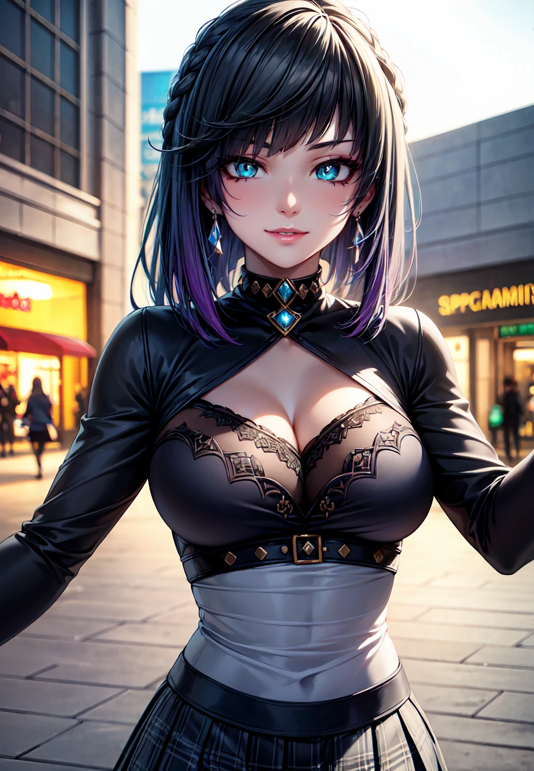 4K, A high resolution, Best quality at best, masterpiece, perfect colors, perfect shadow, perfect litthing, ((sportrait)), 1woman, fit body, heterochromia eyes,dark blue hair , blue eyes, With round lenses, The audience watched carefully, (s face: 1.2), Perfect female figure, ((dynamic pose)), ((purple Tight crop top purple leather suit)), ((shy and looking at viewert)), (Perfect thick white eyebrows) Delicate fur, 详细s face, s the perfect face, , (dynamic pose), big breast, open half breast, abstract cyberpunk background