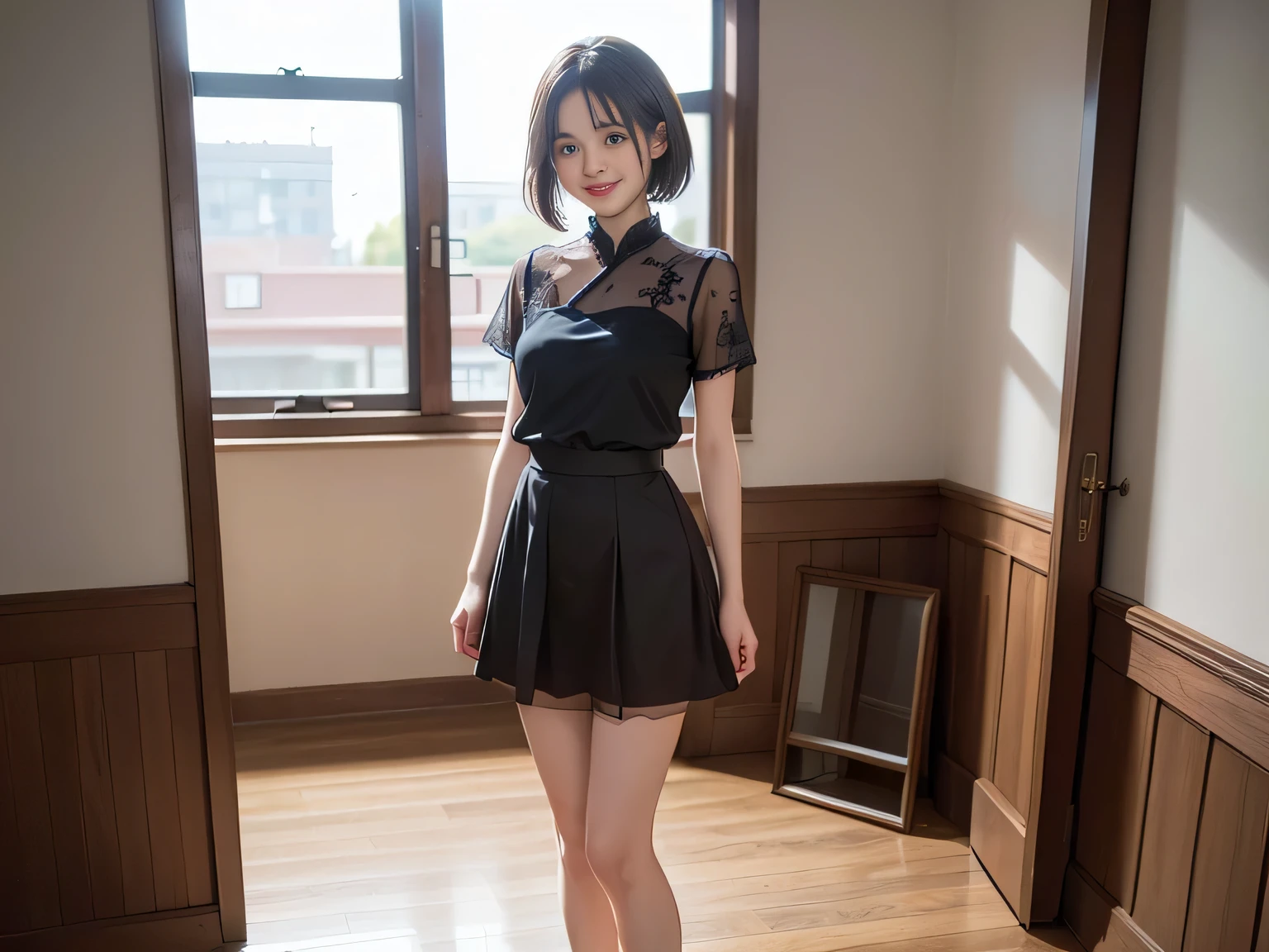 ((Top Quality, 8k, Masterpiece: 1.3)), Sharp Focus: 1.2, Beautiful Women with Perfect Bodies: 1.4, (Beauty with Slender Abs: 1.4), ((Layered Haircut, Big Tits: 1.2)), underage girls, Loli, Big tits, shiny skin, beautiful delicate face, beautiful delicate eyes, cleavage, black hair, highly detailed face and skin texture, exposed shoulders, cleavage, cute face, Japan high school uniform, (showing off panties, legs open, skirt fluttering in the wind, from below, focus on hips, skirt twisting, skirt lifting, very embarrassed, troubled expression),pubic shape clearly visible,see-through underwear,luxury apartment living room,smiling