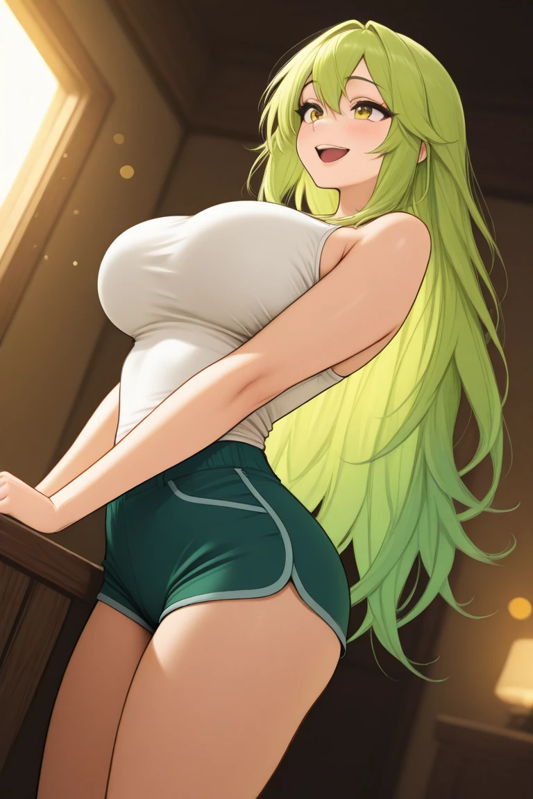 Cute Farmgirl with Braids. ((Woman with light green hair, milf woman, long hair)), Perfectly round face. Beautiful cute face, Big beautiful voluptuous lips, charming beauty, ((gentle expression on your face)), ((Beautiful Big, detailed green eyes)), Waist slender, Broad Hips ((short tank top with exposed abdomen, tight short shorts)),offcial art, Award-winning digital painting, digital illustration, extreme detail, 4K, ultra HD, Rococo, polished, Intricate, realistic fantasy art, sharp focus, conceptual artwork, arte por WLOP, artgerm, (2D vector illustration) Light, airy, hourglass figure. ellie bamber