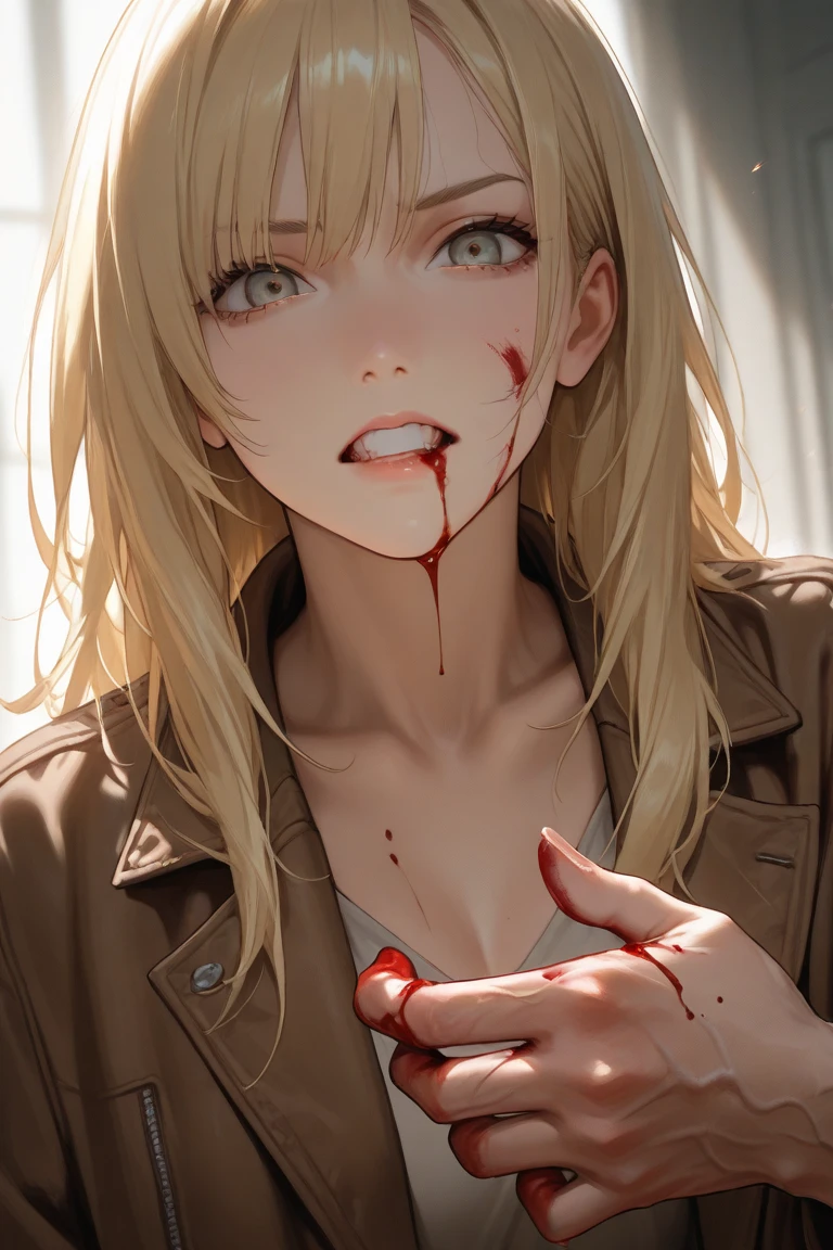a semi naked girl in a dark, pubic hair, open Cardigan, ((blood splatter)), crazy looking, crazy eyes, foggy forest, detailed horror scene, best quality, 8k, (photorealistic:1.37), (ultra-detailed:1.2), detailed background, detailed fog, frost covered trees, dark and moody color palette, dramatic lighting, (horror theme:1.3), (nude girl:1.25), (naked:1.15)