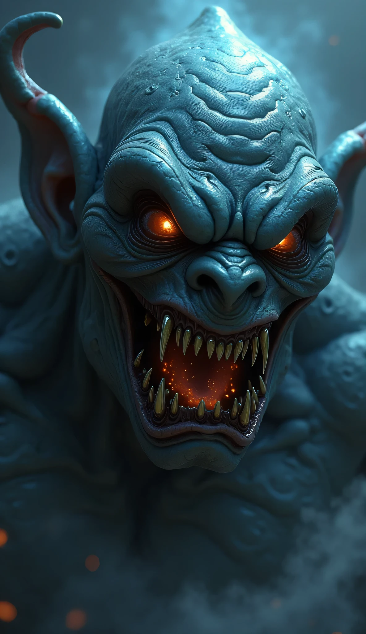 medieval creature, with flaming eyes, and scary mouth, ((reddish black background)), ((MACABRO))