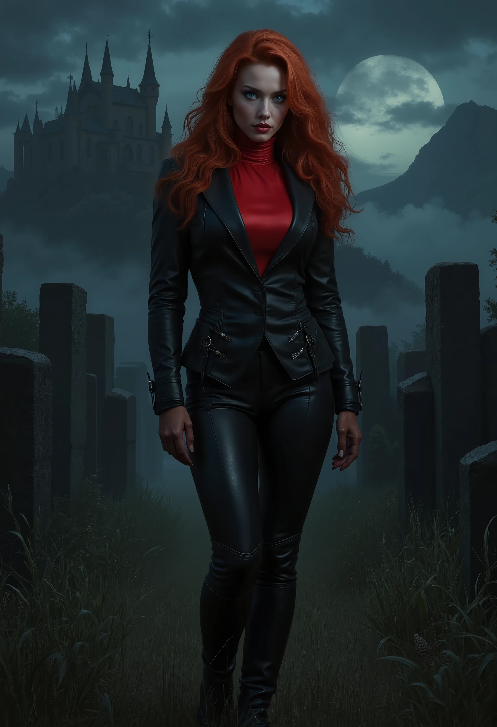 beautiful sensual sexy woman muscular body red wavy long hair blue eyes, white skin, red lips, round face full lips high arched eyebrows thin waist long shapely legs full breasts broad shoulders black leather riding breeches black leather riding boots black leather riding blazer red high neck silk turtleneck standing in tall grass in a cemetery at night fog twilight in the distance silhouette of a castle on a mountaintop