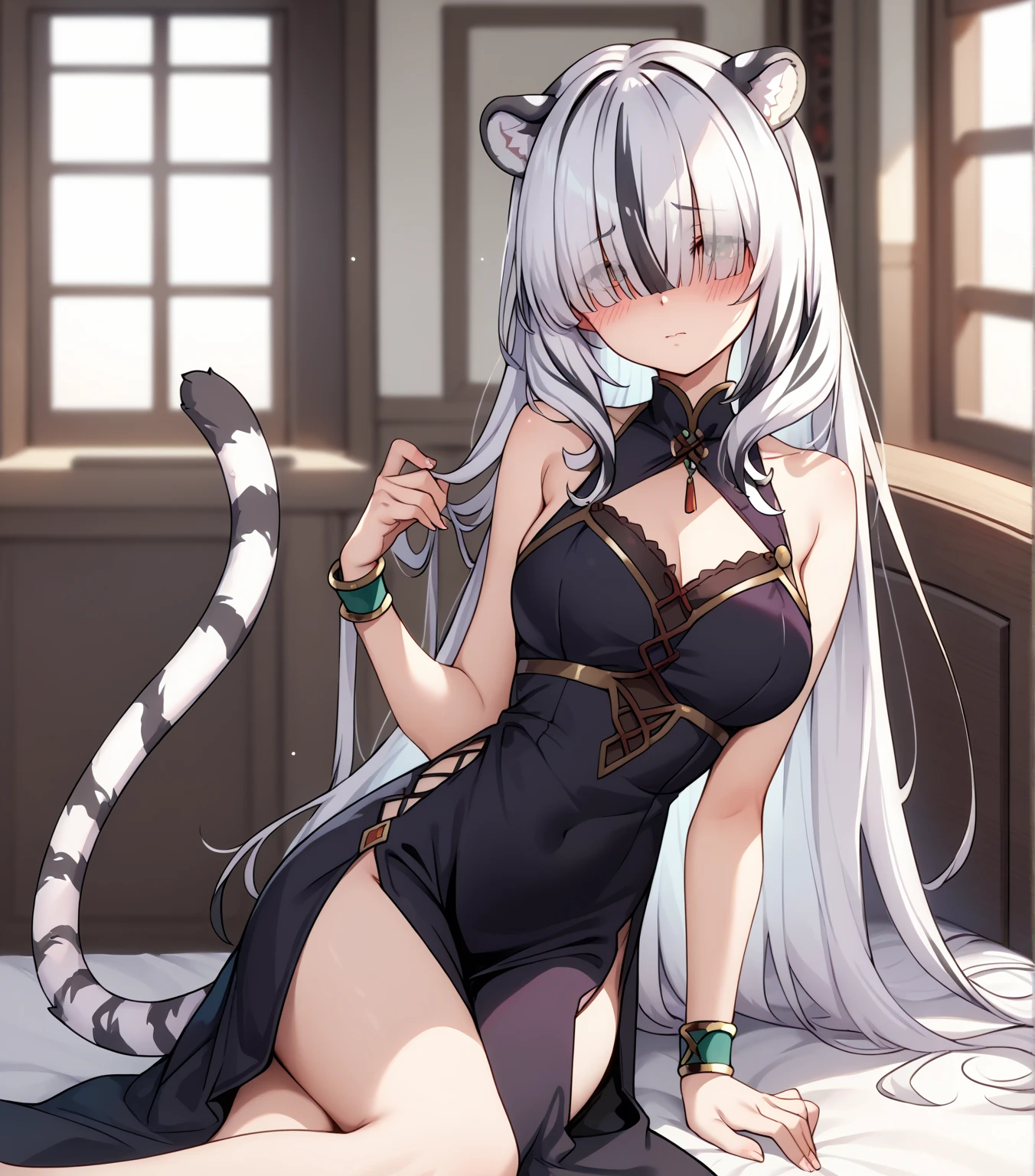 Only master piece,full 4k Hd defiition,only anime girl,panther girl,animal ears,panther ears,gray-white ears,white hair,long hair, hunter white dress,sexy dress,large dress,large breast,beatiful breast,,sexy,panther tail,fluffy tail,long tail,white tail ,thigs,brown legs,sexy legs,panthythose,dark brown panthythose,full body,sexy hunter pose