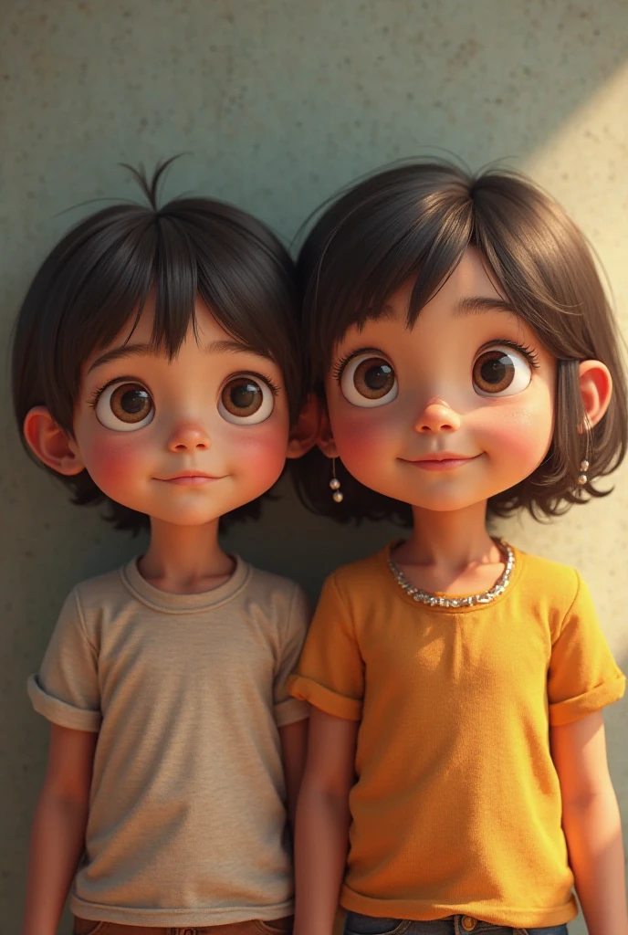 (Photo-realism), (Best quality, masterpiece, full of details), teenage girl, latina, tomboy, brown skinned female, tan brown skin, beautiful face, gorgeous supermodel face, detailed black eyes, short black hair, Pixie cut, white tank tops, skinny body, standing next to a little fat kid