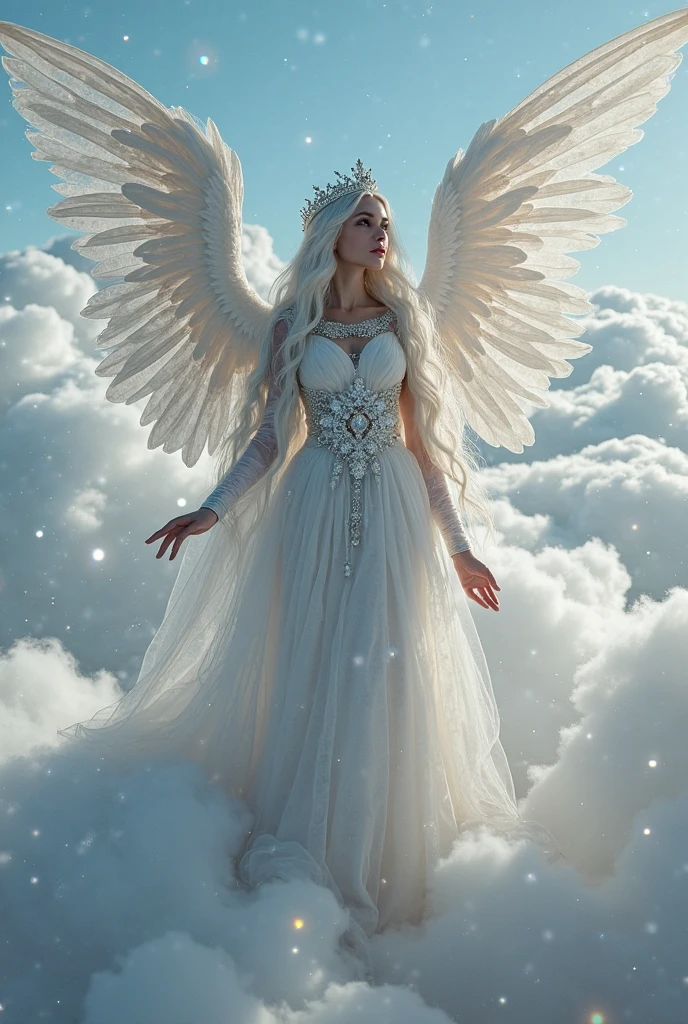 Beautiful angel elf photogenic long hair silver white Serafim her wings are of highly detailed shiny plasma ornamented with diamonds,Large two open wings the robes are made of Organza detailed with a lot of glamor in diamonds and pearls, her dress seems to be Victorian, her elf crown is fluid like fibers, blue optics, contains diamonds and silver, she is above highly fluid clouds. Award-winning professional masterpiece detailed ultra-realistic intricate HD 