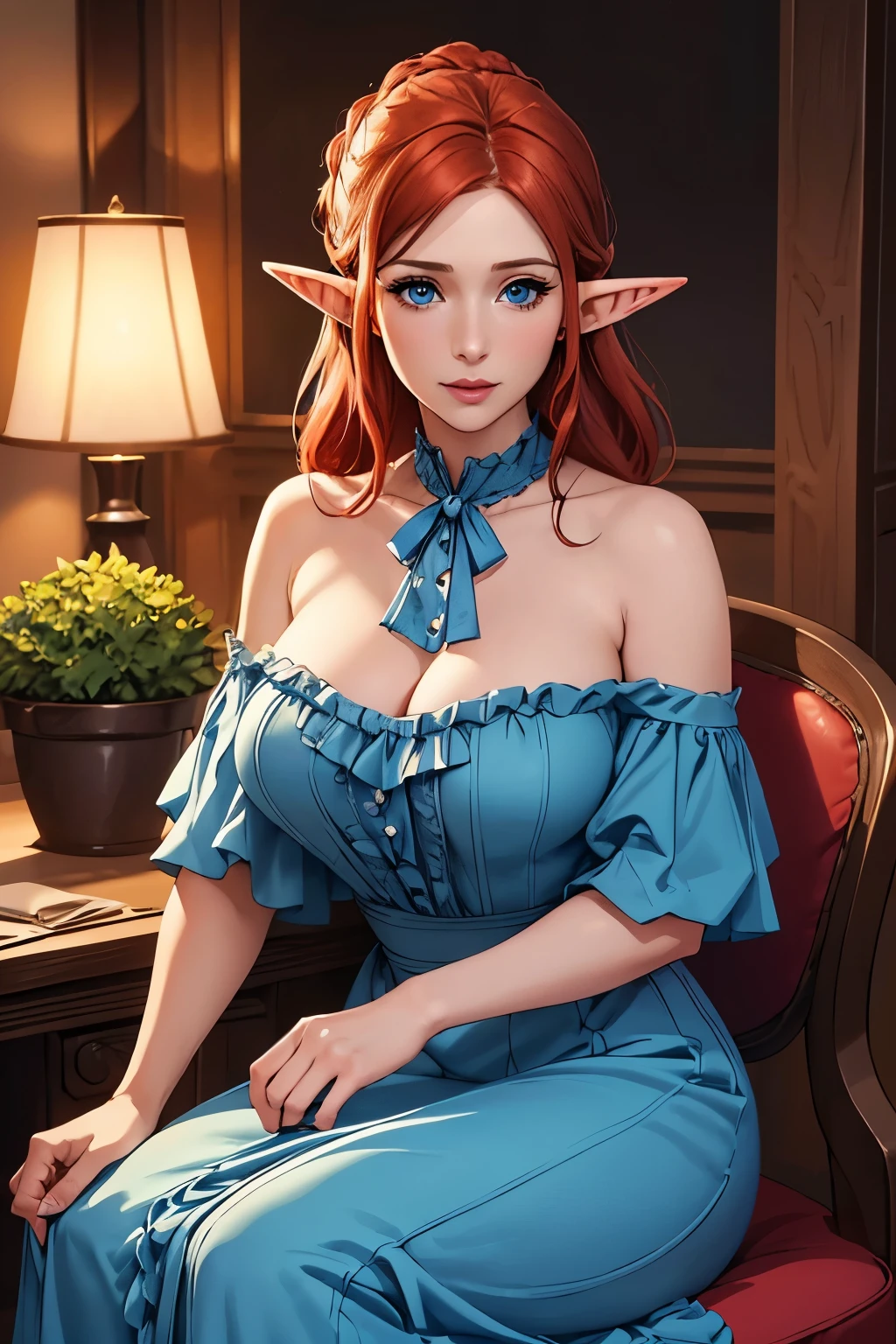 Handsome farmer with braids . (( Redheaded Woman, mature adult woman , mature MILF's face , long skirts , pointed ears , elf ear)), Perfectly round face . cute and charming face , big lips , beautiful and voluptuous , charming beauty , (( soft expression on the face )), ((Belo grande, detailed blue eyes )), curly curly , long legs (( Dark blue dress with ruffles, mature adult woman , adult milf face, modest dress, very high neckline)) ( detailed high )), official art , Award-winning digital painting , digital illustration , extreme details, 4k, Ultra HD, rococo, , intrincado, Realistic fantasy art , sharp focus, conceptual artwork , arte por wlop, germ of art, ( 2D vector illustration ) Luz , arejado, Hourglass Shaped Body . ellie bamber