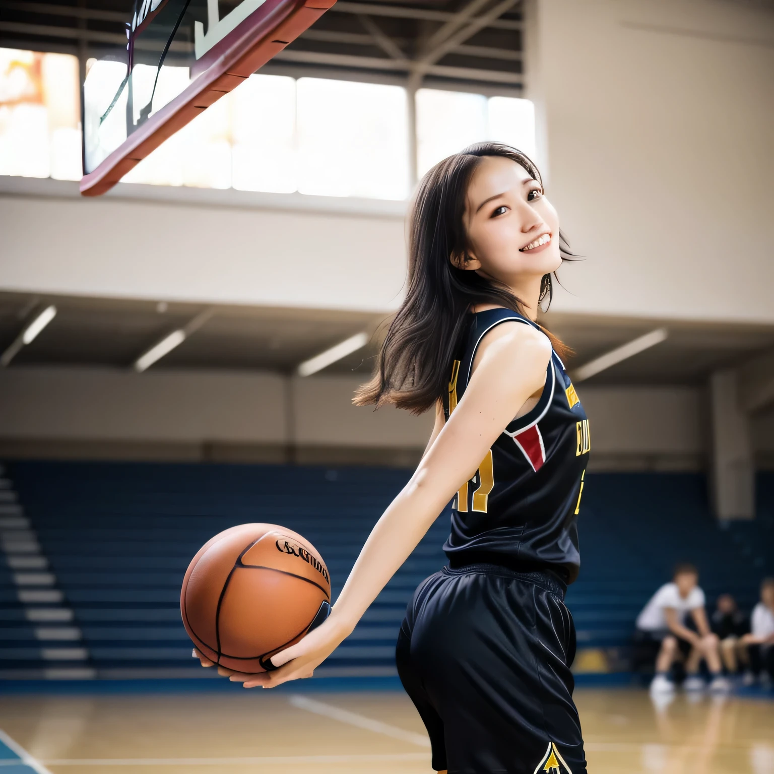 A young female basketball player executes a dynamic jump shot with precision and grace. She holds the basketball firmly in both hands, her form exuding confidence and skill. Her slim-fit uniform highlights her athletic build, while black high socks and matching sneakers create a sleek, modern look. Her neatly braided black hair arcs through the air as she leaps, her intense black eyes fixed on the goal. The polished wooden floor of the brightly lit gymnasium reflects the action, emphasizing the energy and competitive spirit of the moment.A 20-year-old woman smiles gently, friendly. (RAW photos, top quality), (realistic, photo-realistic:1.4), masterpiece, extremely delicate and beautiful, highly detailed, 2k wallpaper, ultra-detailed CG unity 8k wallpaper, ultra detail, high res, soft light, beautifully detailed girl looking back, extremely detailed eyes and face, beautifully detailed nose, cinematic lighting, perfect anatomy, slender body. Long hair, dark hair, dark eyes.
