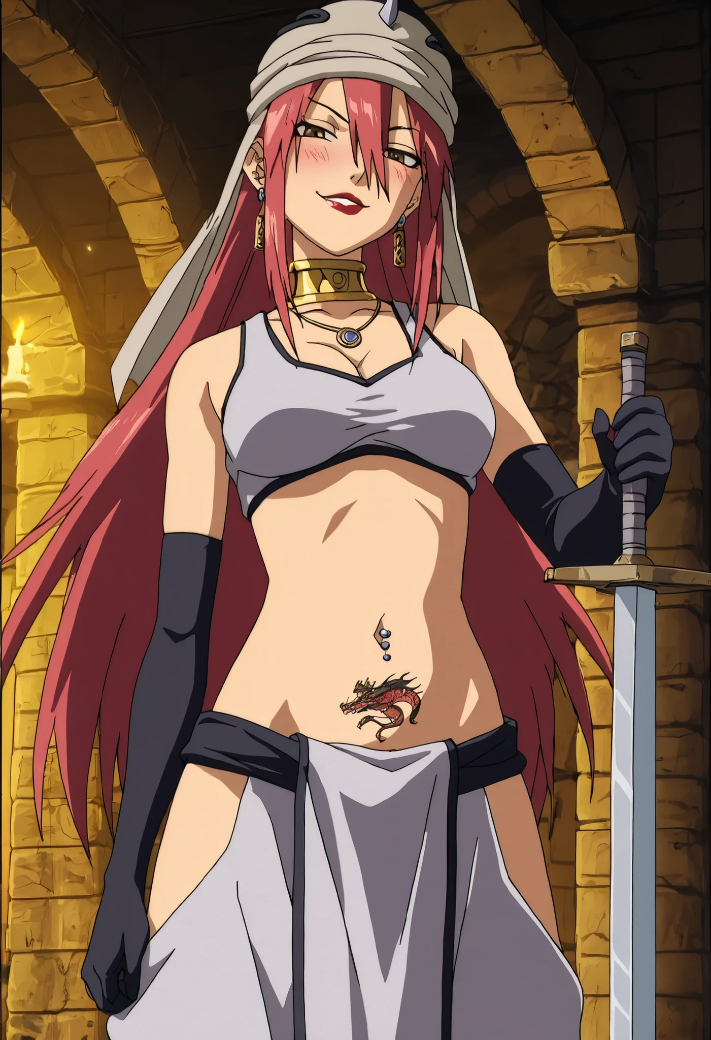 Tayuya, straight hair,
High quality , best quality , masterpiece, High Resolution , detailed face( LoRA: Tayuya),anatomically correct, detailed hair Style( LoRA: Tayuya),anime Coloring
solo, 1 girl, red hair, long hair, brown eyes,,medium breast,
ear piercing, long hair, blush, lipstick,Hot girl, baddie, smoking, sensual, attractive, neck ring, harem pants, elbow gloves, midriff, earrings, hip vent, baggy pants,, castle,inside castle, masterpiece, best quality, highly detailed ,gold_choker, complex detailed background, inside, holding a sword, sword,harem_outfit,navel, necklace, pelvic_curtain,revealing_clothes, veil, masterpiece,best quality,mature,evil smile ,necklace,pendant, (nsfw) not safe for work, exposed belly, exposed navel, midriff, exposed lower belly, ,cleavage, navel piercing , dragon tattoo , narrowed eyes , tattoo midriff , looking at wiewer, anipai_style , anime screencap , anime coloring