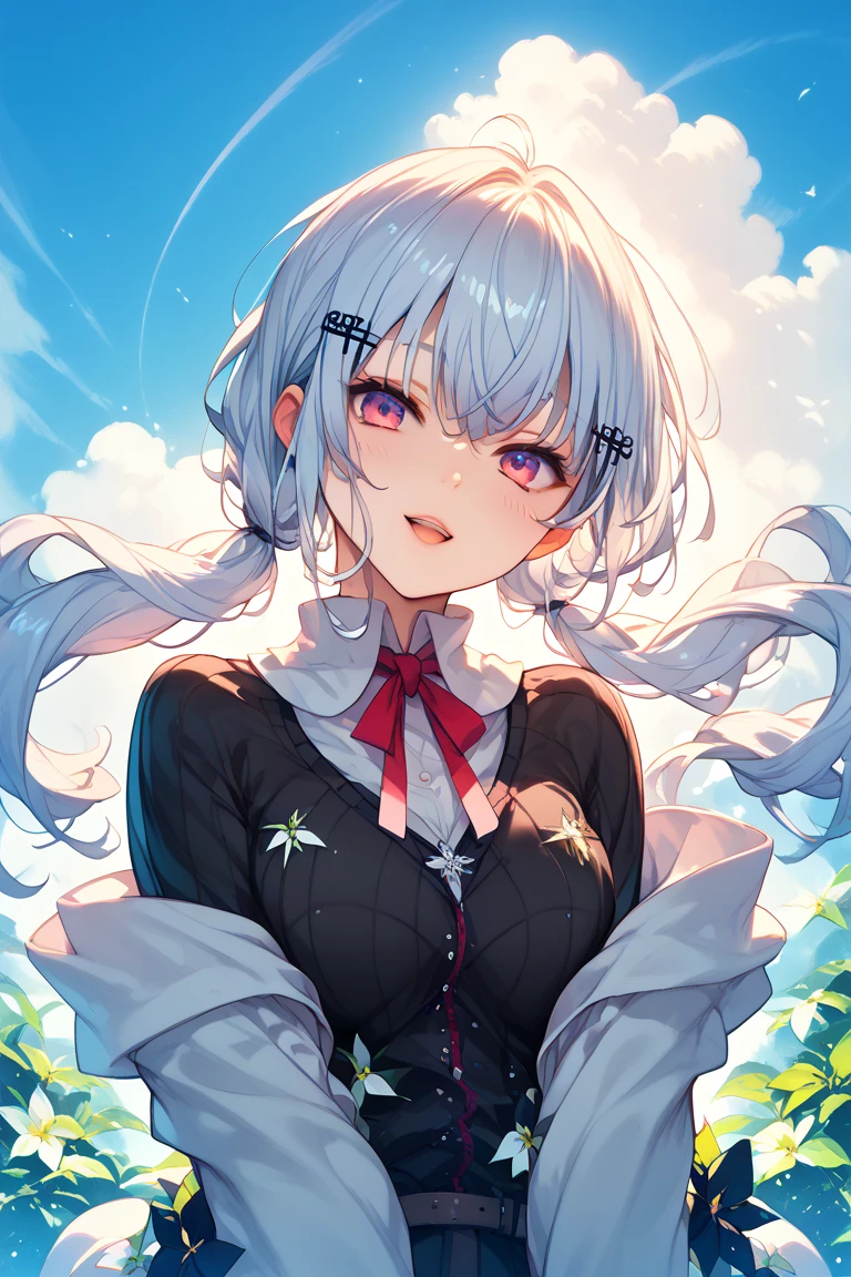 solo, 1girl, looking up, smile, blush, large breasts, grey peacoat, bright, Tracelium \(flower\), floral background <lora:hxD_style_v01:1>