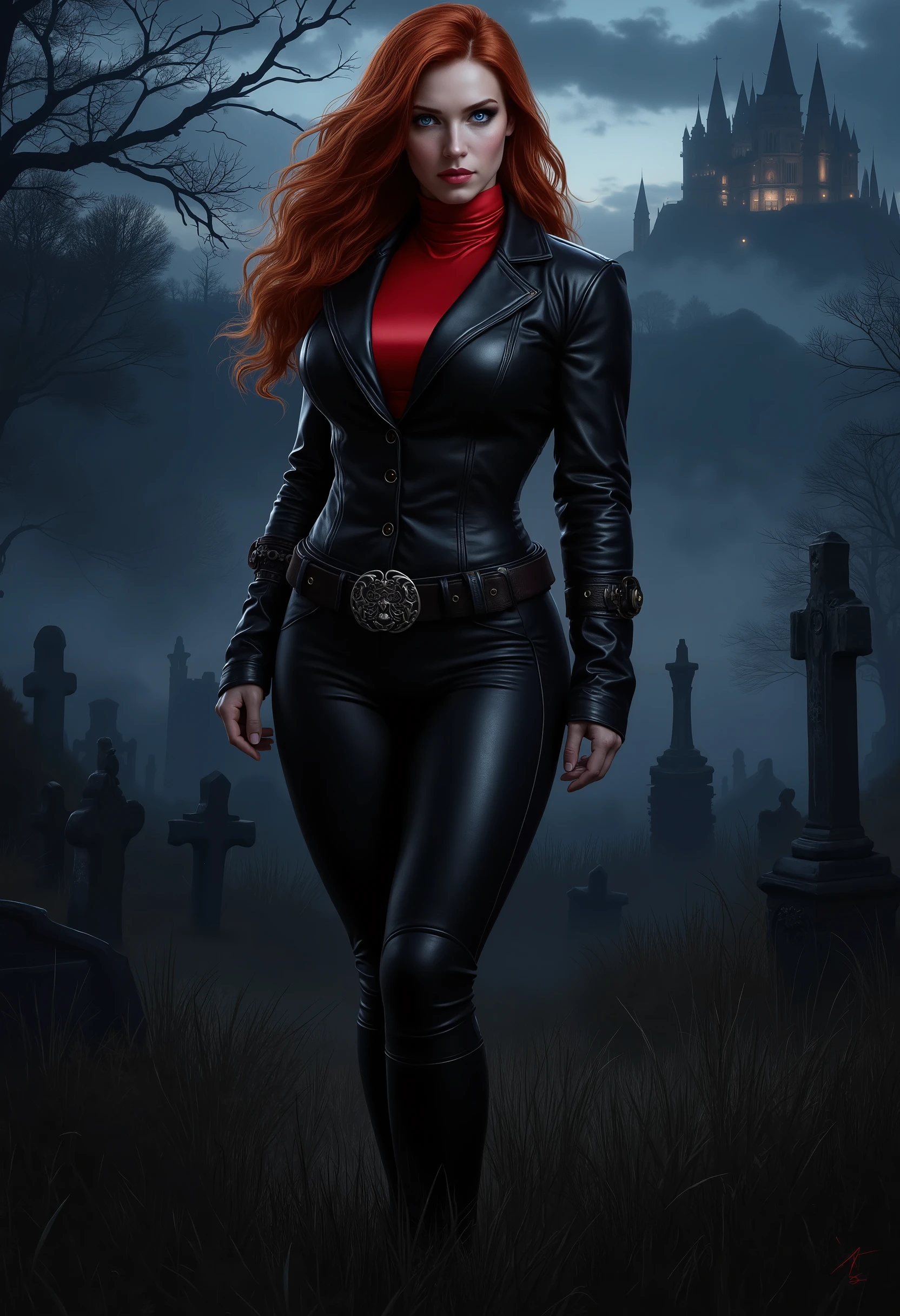 beautiful sensual sexy woman muscular body red wavy long hair blue eyes, white skin, red lips, round face full lips high arched eyebrows thin waist long shapely legs full breasts broad shoulders black leather riding breeches black leather riding boots black leather riding blazer red high neck silk turtleneck standing in tall grass in a cemetery at night fog twilight in the distance silhouette of a castle on a mountaintop
