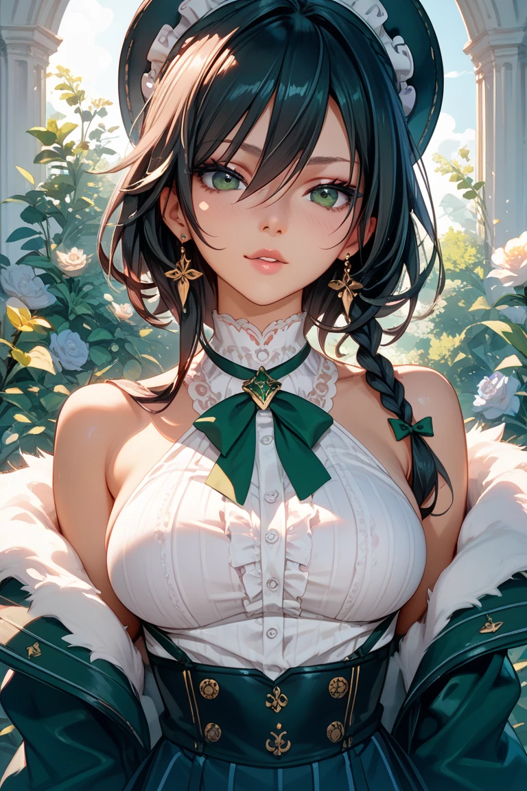 An outstanding masterpiece, High quality, Realistic, Vibrant colors, High-definition beauty face, Beautiful detailed eyes, Beautiful detailed lips, large full breasts, girl, garden, Flowers, Sunshine, Soft lighting, Lively atmosphere, Medium: Oil Painting