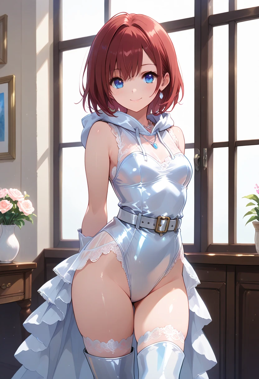 (masterpiece:1.1), best quality, NSFW,
1girl, (traditional media, 80s:1.4), (eyelashes:1.5), (loli:1.2),
(intricate high detailed body:1.2),
red hair, (short hair, twin bun:1.1),
green eyes, (lip stick:1.3),
slender body, large breasts,
(happy, smile:1.2), open mouth,
neckwear, (white lace leotard with sleeves),
(short frill skirt), see-through clothes, jewelry,
cowboy shot,
in royal palace,