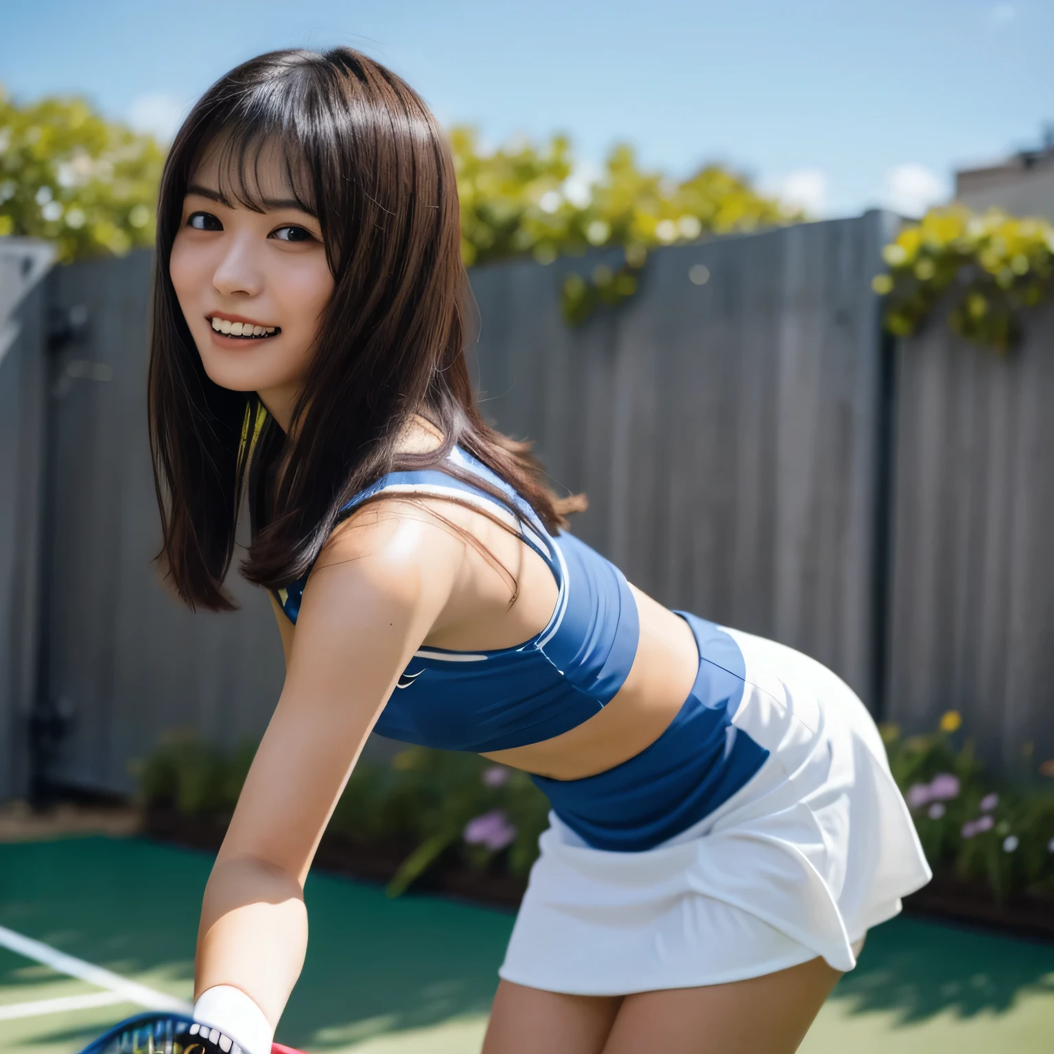 A young female tennis player in a sleek blue outfit stands ready, gripping her racket with both hands in a poised stance. Sunlight accentuates the crisp lines of her attire and the polished strings of the racket. Her determined gaze locks onto an unseen opponent, exuding confidence and focus. The lush green grass of the tennis court stretches into the distance under a clear blue sky. This dynamic scene blends elegance, power, and athleticism, capturing her readiness to strike with precision and grace.A 20-year-old woman smiles gently, friendly. (RAW photos, top quality), (realistic, photo-realistic:1.4), masterpiece, extremely delicate and beautiful, highly detailed, 2k wallpaper, ultra-detailed CG unity 8k wallpaper, ultra detail, high res, soft light, beautifully detailed girl looking back, extremely detailed eyes and face, beautifully detailed nose, cinematic lighting, perfect anatomy, slender body. Long hair, dark hair, dark eyes.