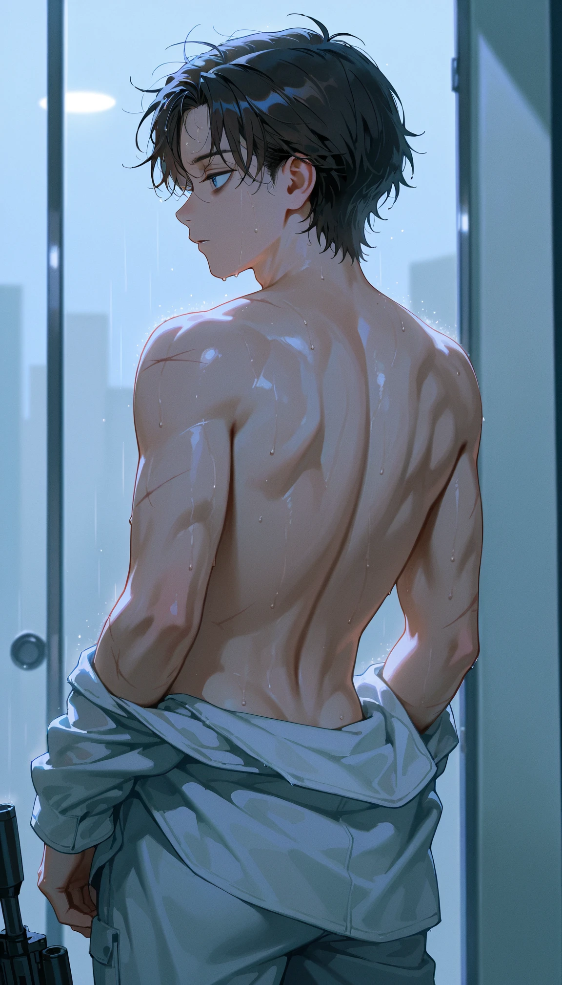 handsome manly short black hair caucasian male in white underwear, standing, facing the wall, looking at the wall, showing the back, shirtless, sweating profusely, drenched with sweat, in the bedroom