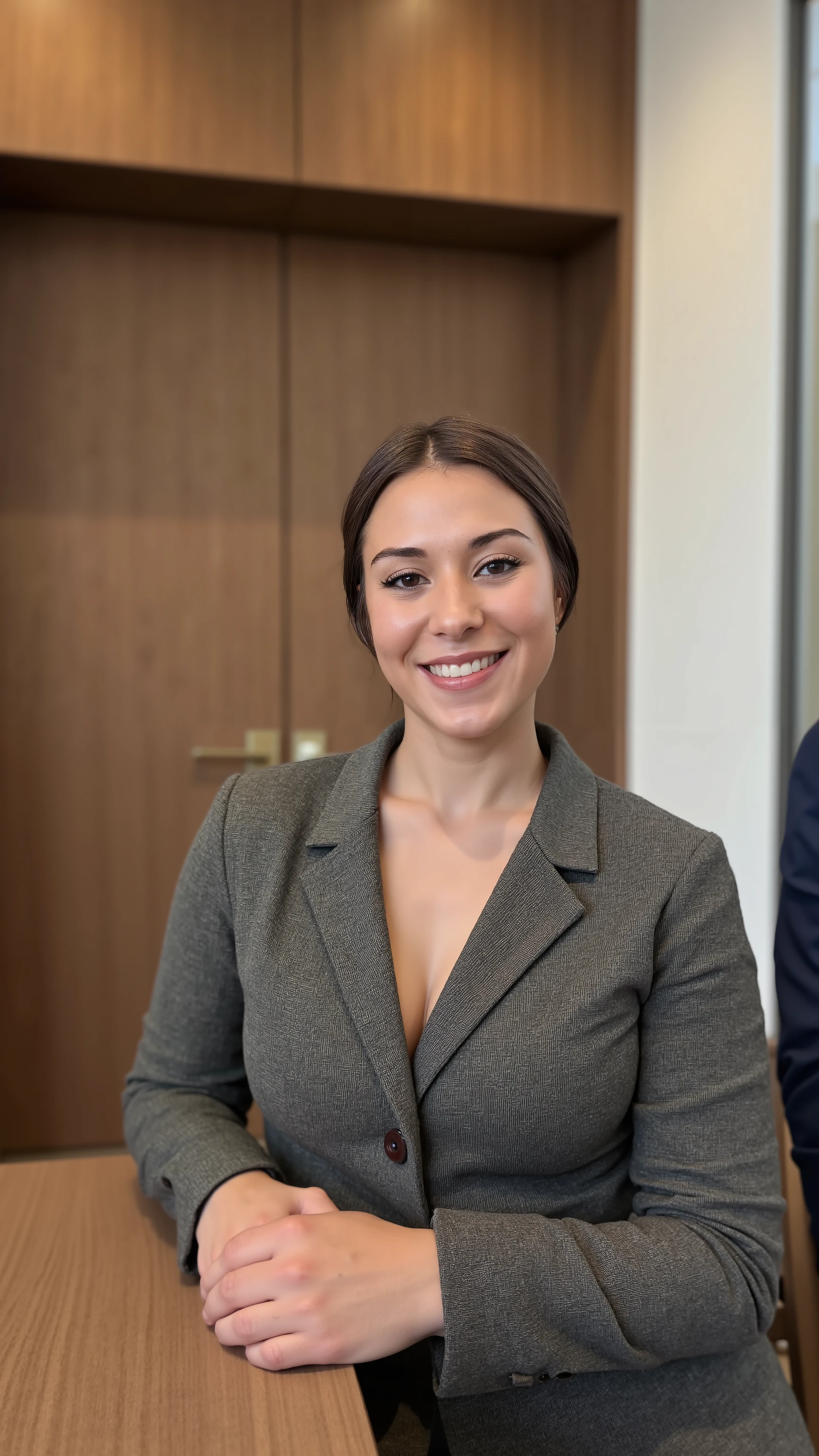 Make a professional image with this woman's face. Her face is very detailed. Keep the most intrinsic details of the woman's face. The woman is standing next to a table in the meeting room. She is dressed in a haute couture business suit.s hot using a Nikon Z9 and 85mm f/1.8 lens, aperture set to f/3.5, ISO 320, shutter speed 1/160 sec, controlled lighting from overhead fixtures, clean and soft color balance, crisp detail in documents, facial expressions, and clothing, realistic glass and metal reflections, neutral corporate color palette, depth of field emphasizing subject interactions, subtle background blur, real-time shadows and specular highlights, 8K resolution, lifelike post-processing with minimal grading