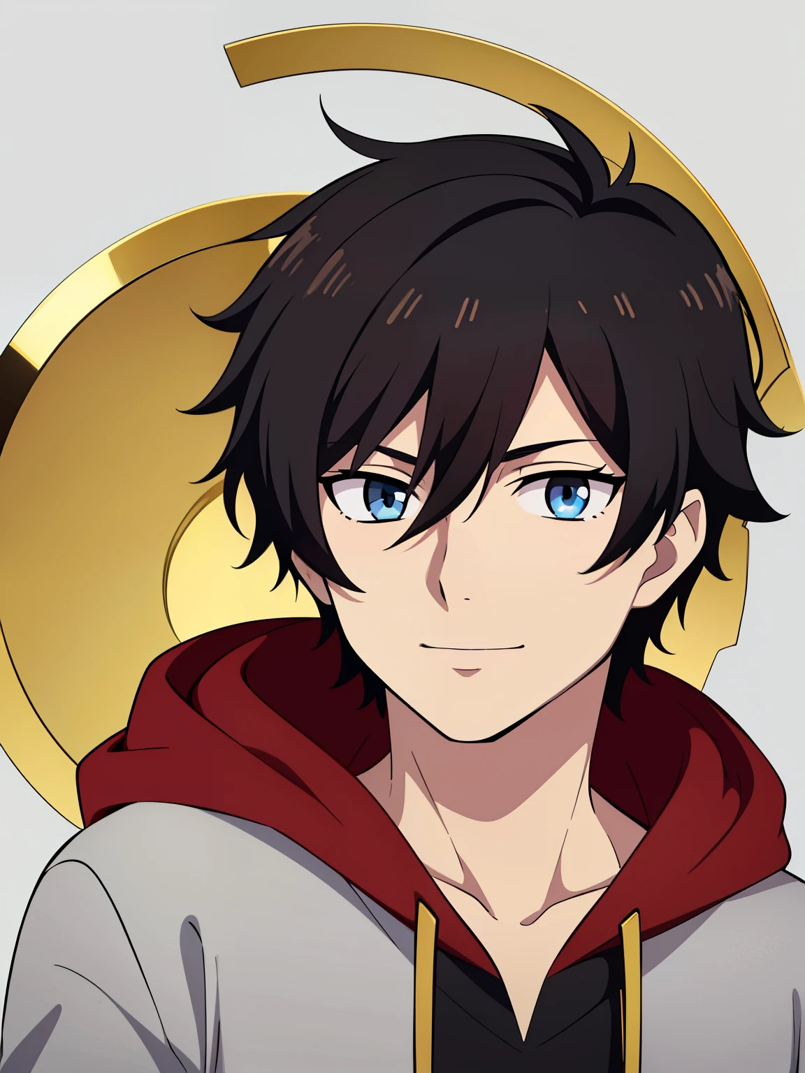 (high-quality, breathtaking),(expressive eyes, perfect face) portrait, 1boy, male, solo, young , black hair, red eye color, short hair length, soft wavy hair, cute smile, loose hair, side bangs, looking at viewer, portrait, medium full shot, happy expression, RWBY clothing, black hoodie with gold trim, white shirt, grey background