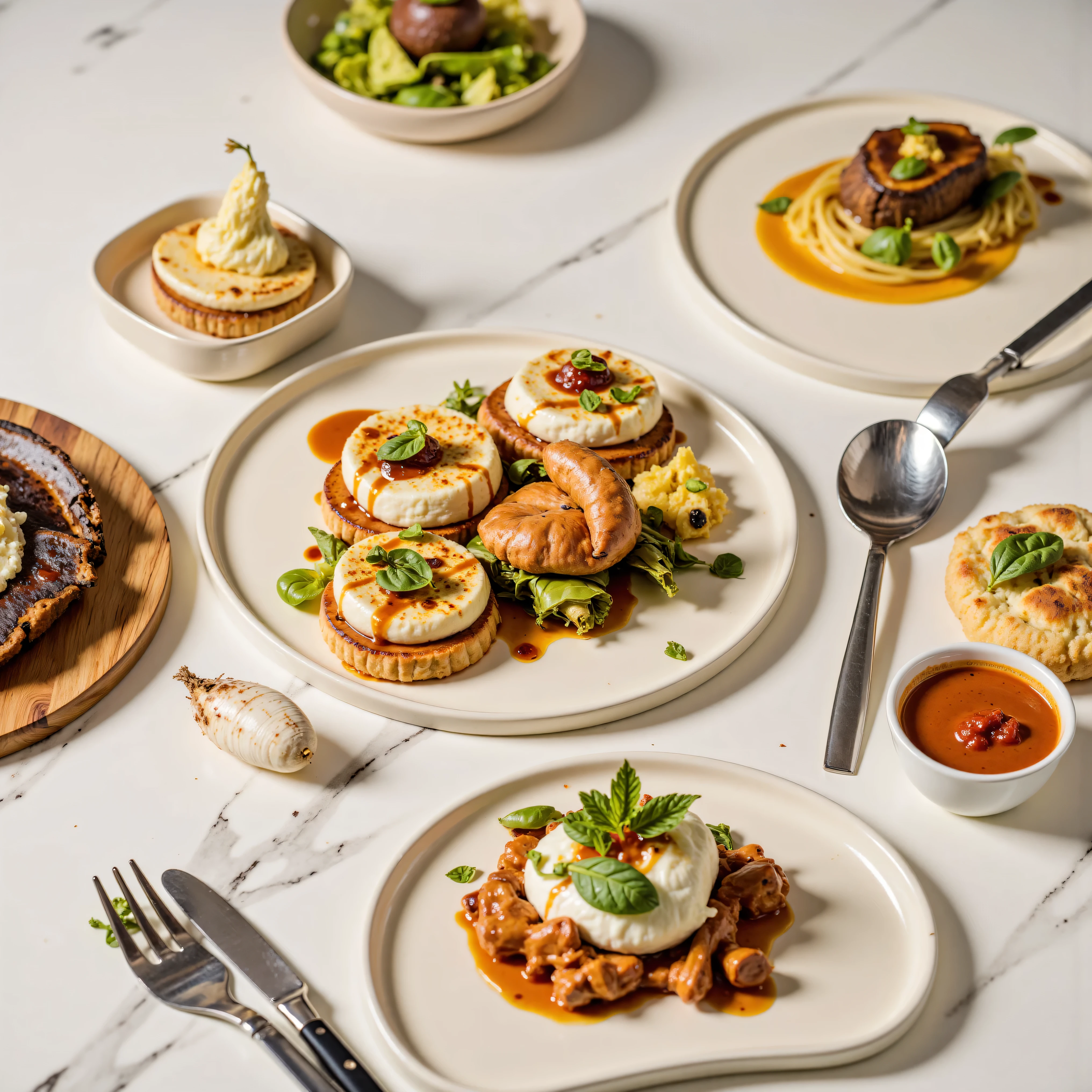Make a photos of restaurant foods at the table, 4K, Studio Quality, Close Up, Detailed. Realistic.