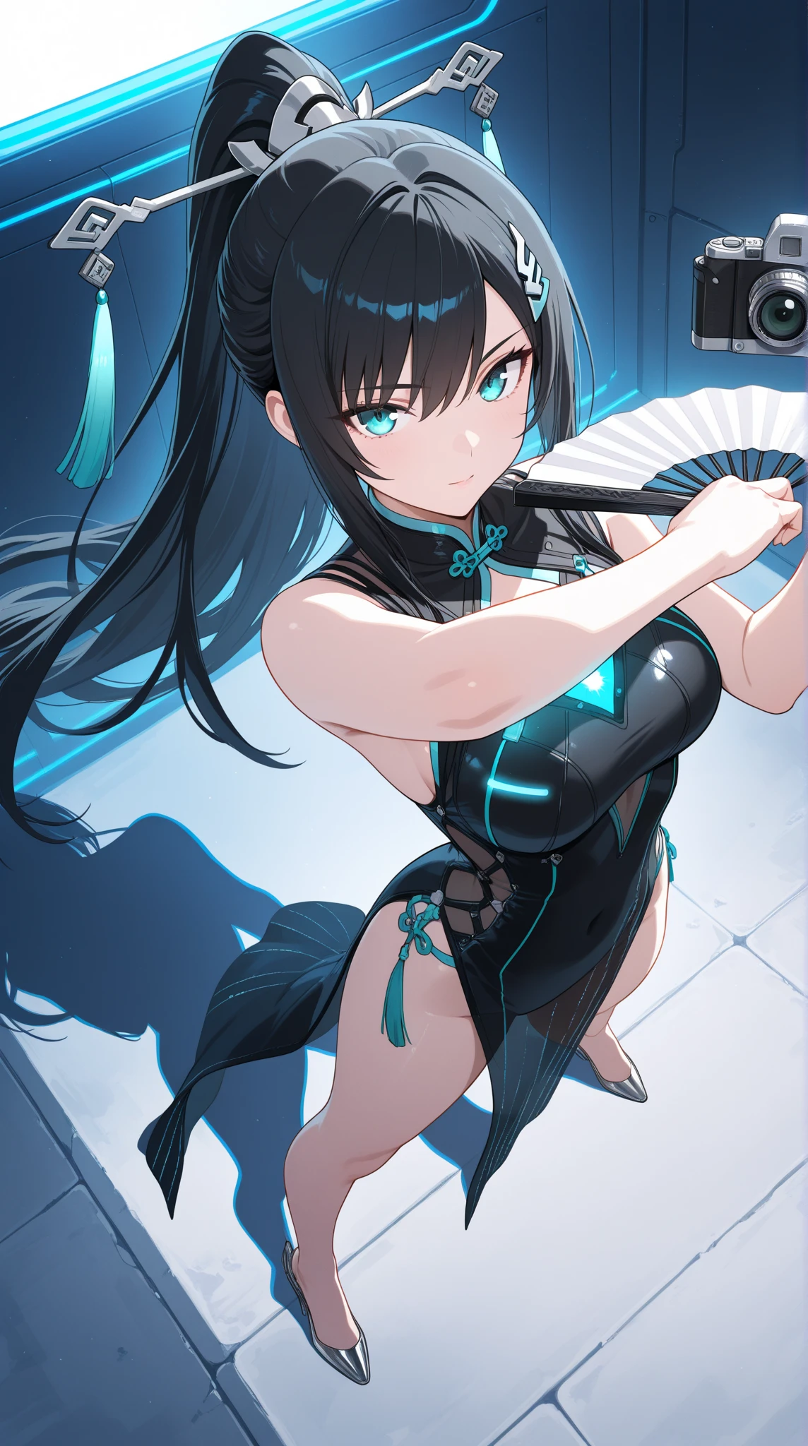 (best quality, ultra-high resolution, depth of field:1.2), (full body shot:1.2), (perfect body:1.2), (medium breasts:1.2), beautiful face, (18 years old), (fox woman), radiant eyes, (beautiful smile), (black hair), animal ears, (fluffy fox ears), (fluffy fox tail), (wearing capoeira costume:1.2), (fingerless gloves:1.2), night time, (multiple points of views), standing, dynamic pose, (bioluminescence:1.2),masterpiece,score_9,score_8_up,best quality,incredibly absurdres,anime