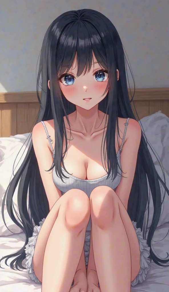 ((masterpiece)), ((Best Quality)), (Ultra-detailed), Anime style, Cute ,8k , 1girl in, Solo, swimsuit, sitting on the bed , black hair