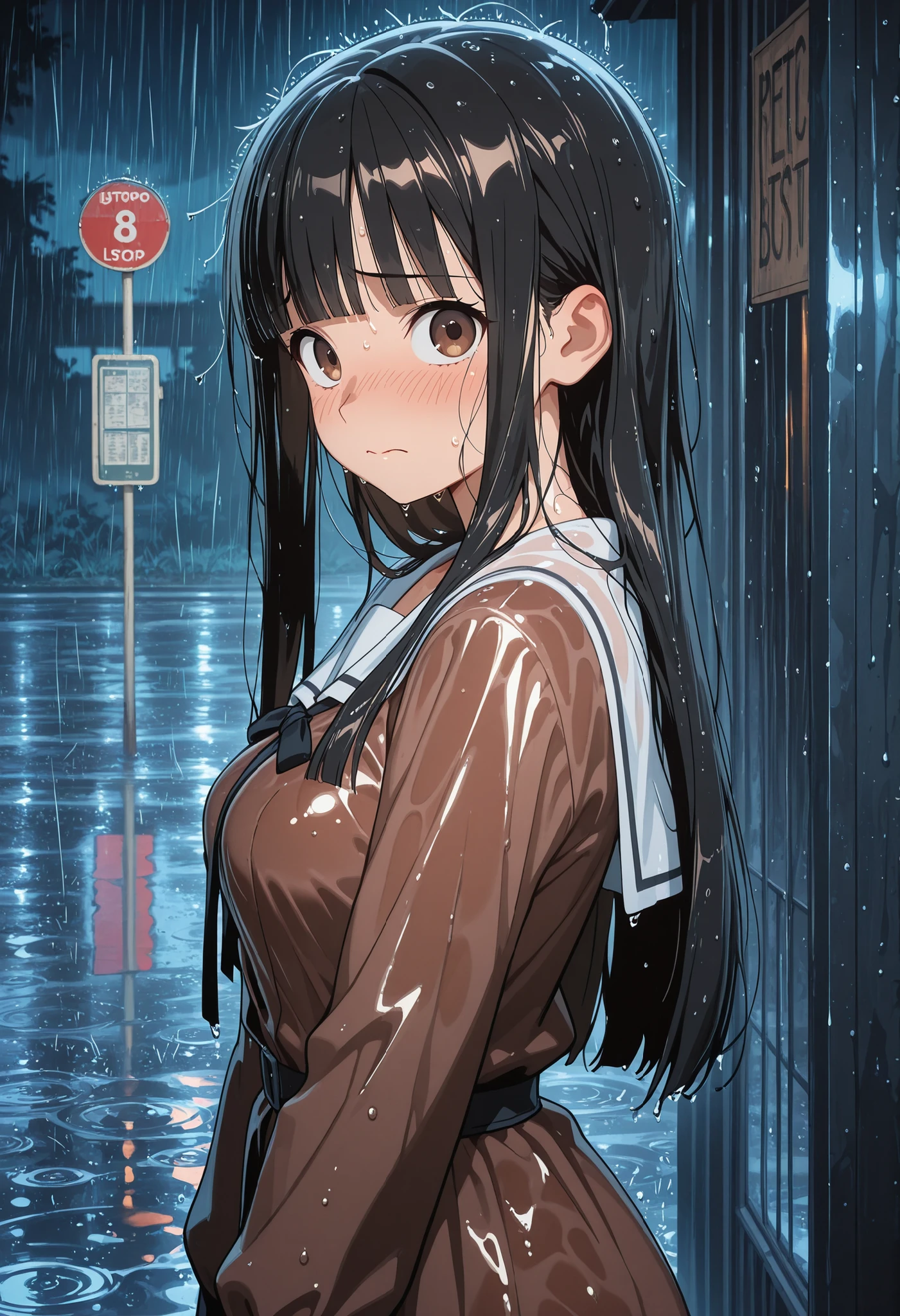 masterpiece, best quality, newest, anime screencap, 1girl, kaju-default,nukumizu kaju, brown eyes, perfect eyes, black hair, long hair, blunt bangs,brown dress,dress,long sleeves,white sailor collar, medium breast, shiny skin, wet, wet hair, wet clothes, closed mouth, scared, blush, embarrassed, looking at viewer, side view, bustop, raining, night, perfect anatomy
