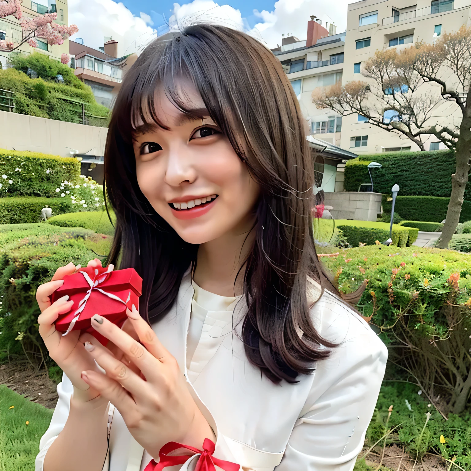 A breathtakingly beautiful 20-year-old woman stands in a lush park filled with cherry blossoms in full bloom beneath a clear blue sky. She wears a classic sailor uniform and gently holds a small, neatly wrapped gift box adorned with a red ribbon. Her radiant smile and joyful expression convey heartfelt happiness. Long hair, dark hair, dark eyes.