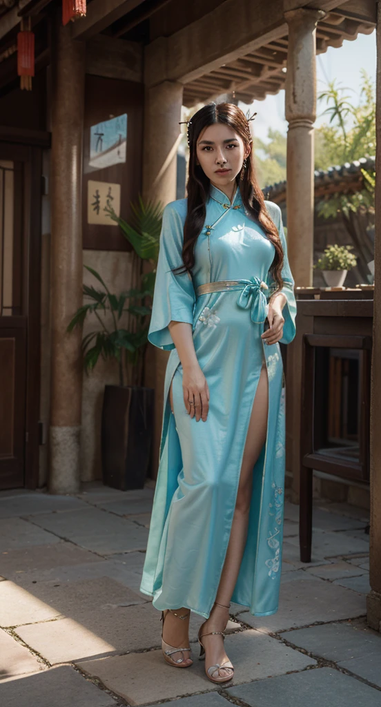 Chinese, in national dress, loose hair, beautiful, barefoot, bare legs, no panties, empress, Full length photo, in a palace