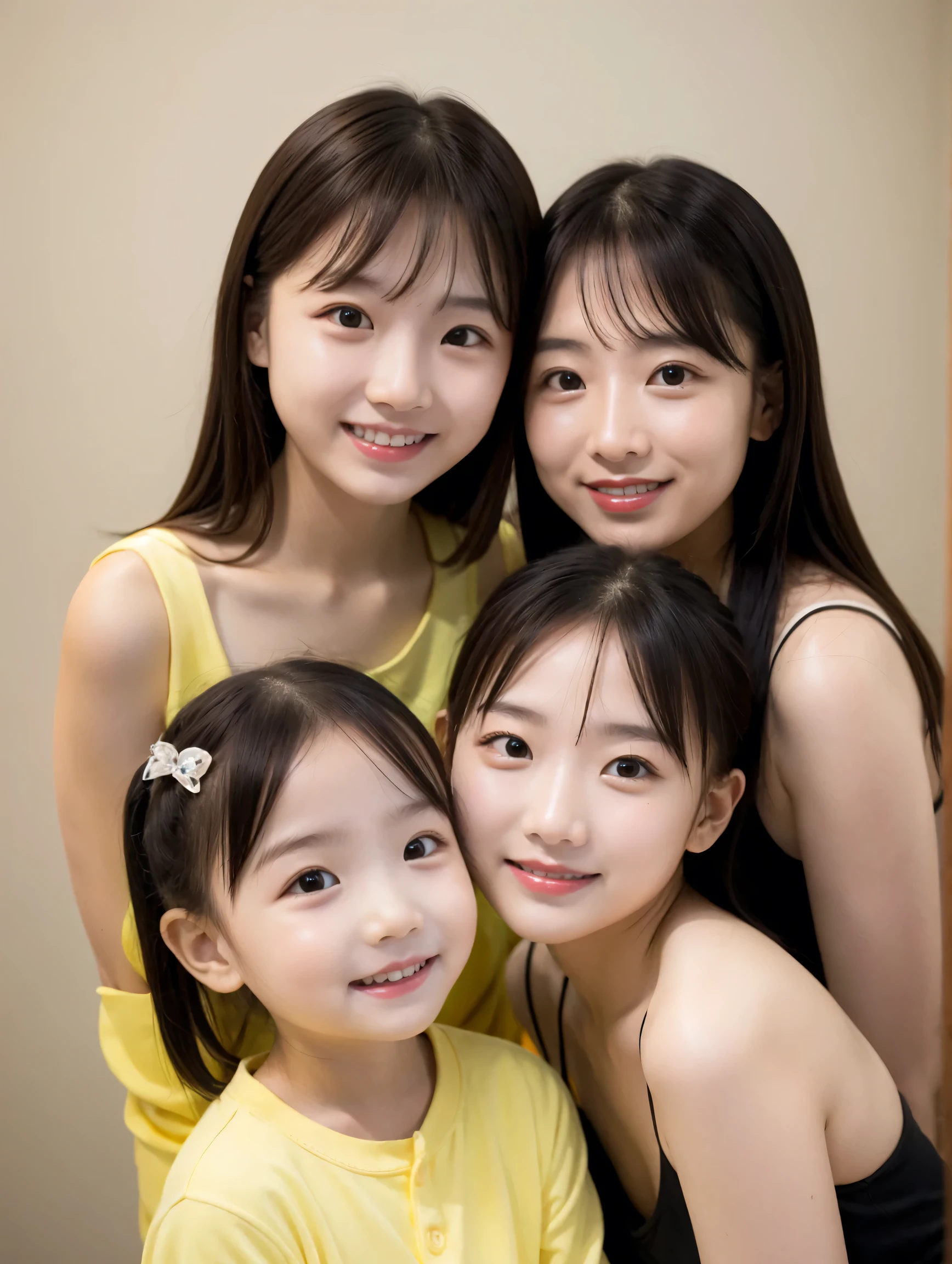 details、 best quality , masterpiece, happy smile、 beautiful background, mother and little daughter、 2 parents and family、 portrait 、 black hair、 Japanese、 34 year old mother 、 daughter