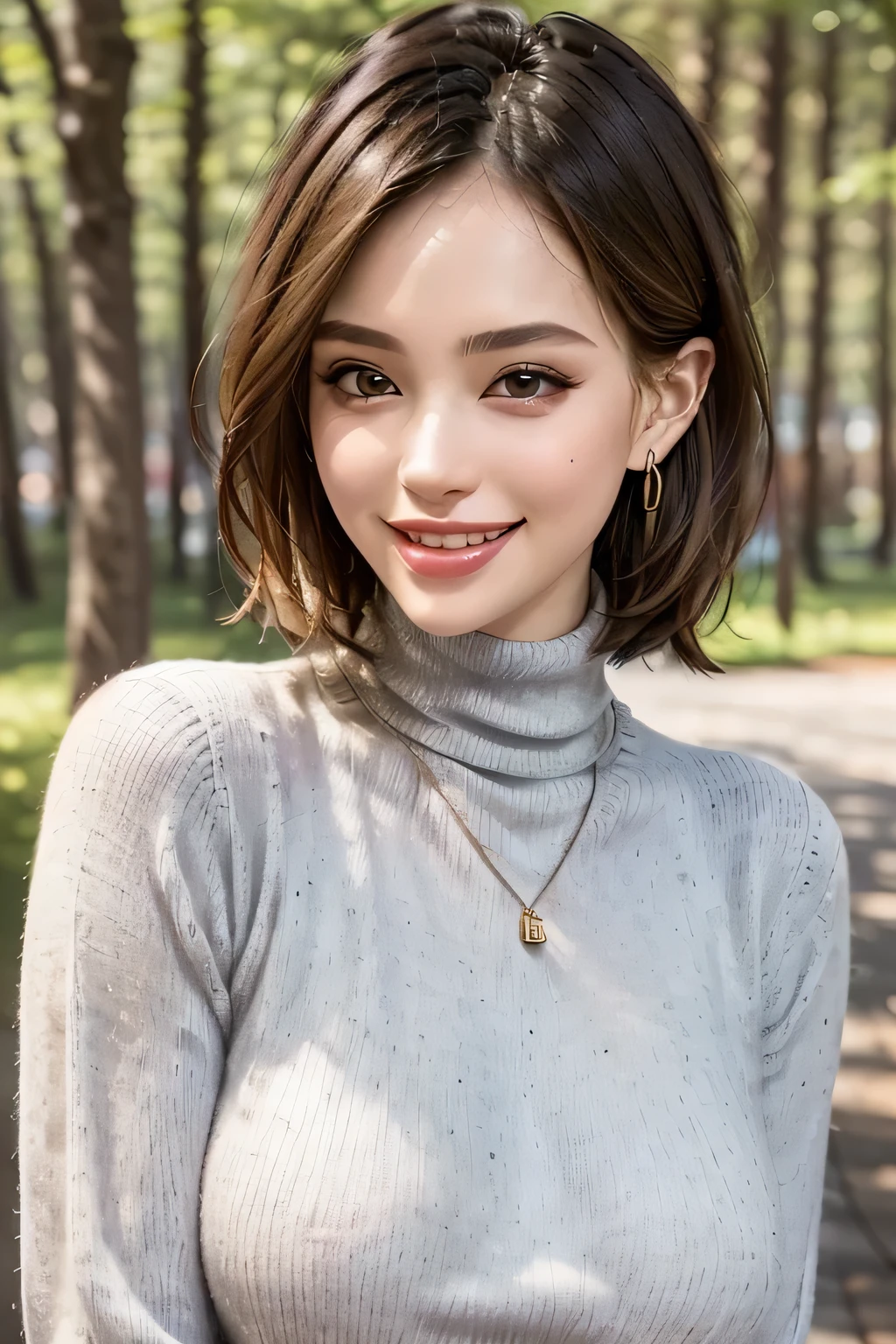 (UHigh resolution, retina, masterpiece, Accurate, Anatomically correct, Textured skin, Super Detail, Attention to detail, high quality, 最high quality, High resolution, 1080P, High resolution, 4K, 8k, 16K), (美しいAttention to detail目, Beautiful lip detail, Highly detailed eyes and face), Studio Lighting, Physically Based Rendering, Brightly colored boobs, Super big breasts, super extra big , Glamorous Body), (White turtleneck knit), (Portraiture, Bowl Cut, Shiny Hair, Glowing Skin), (Bokeh), (incline one's head to the side:1.5), Eye Reflexes, Jet Black Hair, Distinctive large, narrow eyes, Snow-like skin, Pink Lips, Rosy Cheeks, Large Breasts, A charming smile that captivates everyone who sees it, and the intelligent brain,