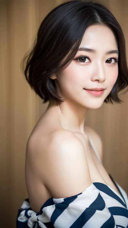 Close-up photo of the face、1 girl, (Elegant white bra:1.2), (RAW Photos, Highest quality), (Realistic, Photorealistic:1.4), Tabletop, Very delicate and beautiful, Very detailed, 2k wallpaper, wonderful, finely, Very detailed CG Unity 8K 壁紙, Very detailed, High resolution, Soft Light, Beautiful detailed girl, Very detailed目と顔, Beautiful and detailed nose, finelyて美しい目, Cinema Lighting, City lights at night, Perfect Anatomy, Slender body, smile、Upper body photo、Cute bra、Short Hair、