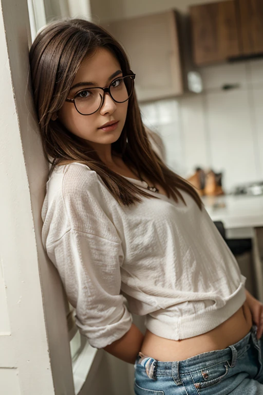 ((best quality)), ((masterpiece)), (detailed), nerdy girl with glasses, on a balcony overlooking the sea