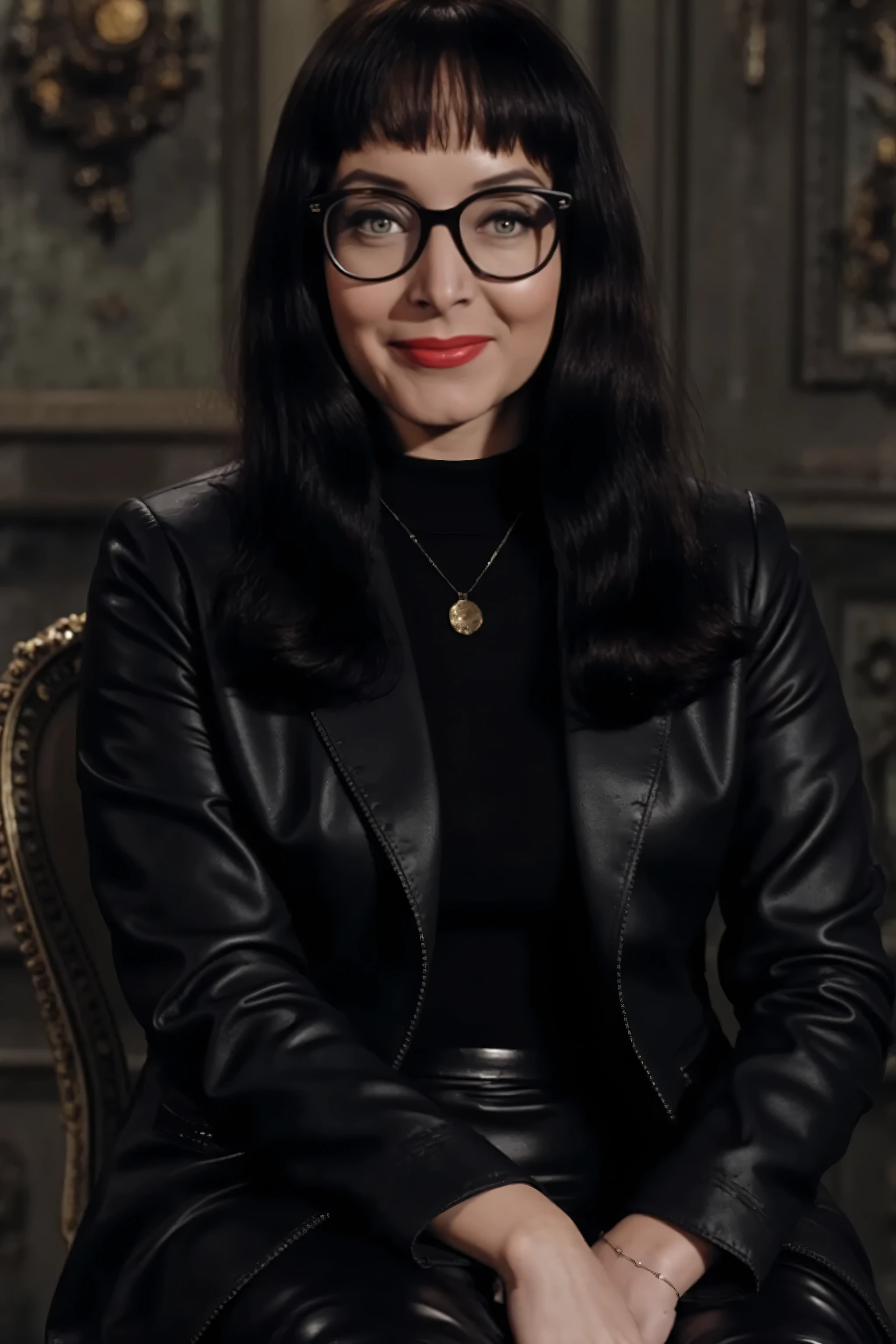 Ultrarealistic, 4k, highly detaily picture. Dark brunette Carolyn Jones wearing a black leather suit jacket, wearing black leather turtleneck blouse, wearing glasses, black leather pants, wearing black leather knee high boots. she is smiling. She is sitting on a chair