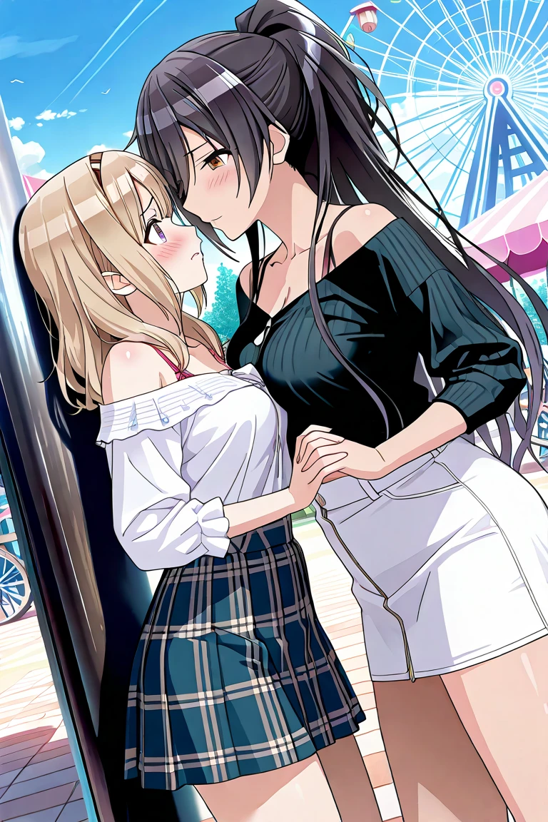 (masterpiece:1.37), best quality, (extremely detailed:1.37), 2girls, kiss, yuri, woman, (mature:1.5), (adult:1.5), large breasts, very long hair, (straight hair:1.5), dark purple hair, blonde hair, purple eyes, blue eyes, (extremely detailed eyes:1.37), hoodie, jeans, desperation, (wetting self:1.5), standing, embarrassed, humiliation, blushing, angry, city, futuristic, neon lighting, high-tech, street, skyscraper