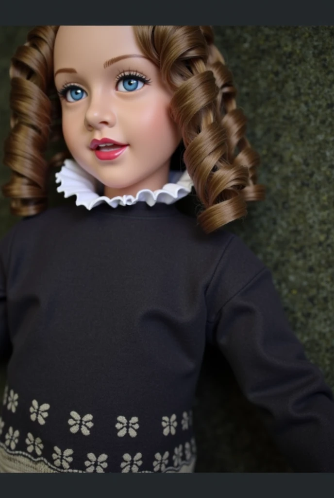 14-year-old American girl, white skin, light green eyes and big curly black hair to the waist, wearing a blue plaid dress and a white long-sleeved blouse. Oval face and big eyes.