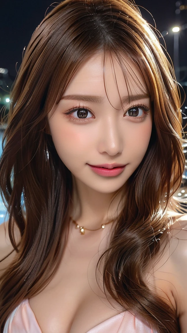 Beauty, Mystical Eyes、Big Boobs、Super sexy、Pale skin、Shiny Hair、Super long hair、Loose and fluffy perm、Close to blonde、Are fat、fat、smile、Heavy makeup、Pink lipstick、Thick lips、Moisturized lips、Plump、Voluptuous、Indian、looking at the camera、Has bangs、Bangs fall on the forehead、Frivolous、Gal High School Student、I'm rubbing my breasts、Young