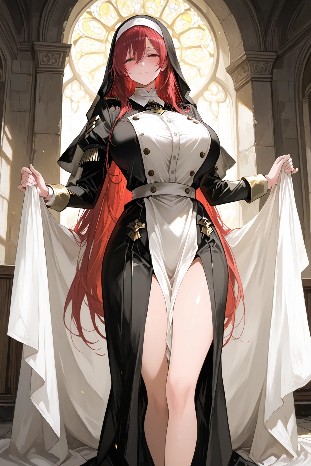 Fullbody, high heels, cleavage, detailed eyes, emotionless, big tits,  masterpiece, (photorealistic:1.4), best quality, beautiful lighting, admiral long coat, shoulder badge, (ulzzang-6500:0.5), makima \(chainsaw man\), (red hair)+long hair, +(bangs), yellow eyes, golden eyes, (white shirt), RAW photo, 8k uhd, film grain, at castle, mediavel,