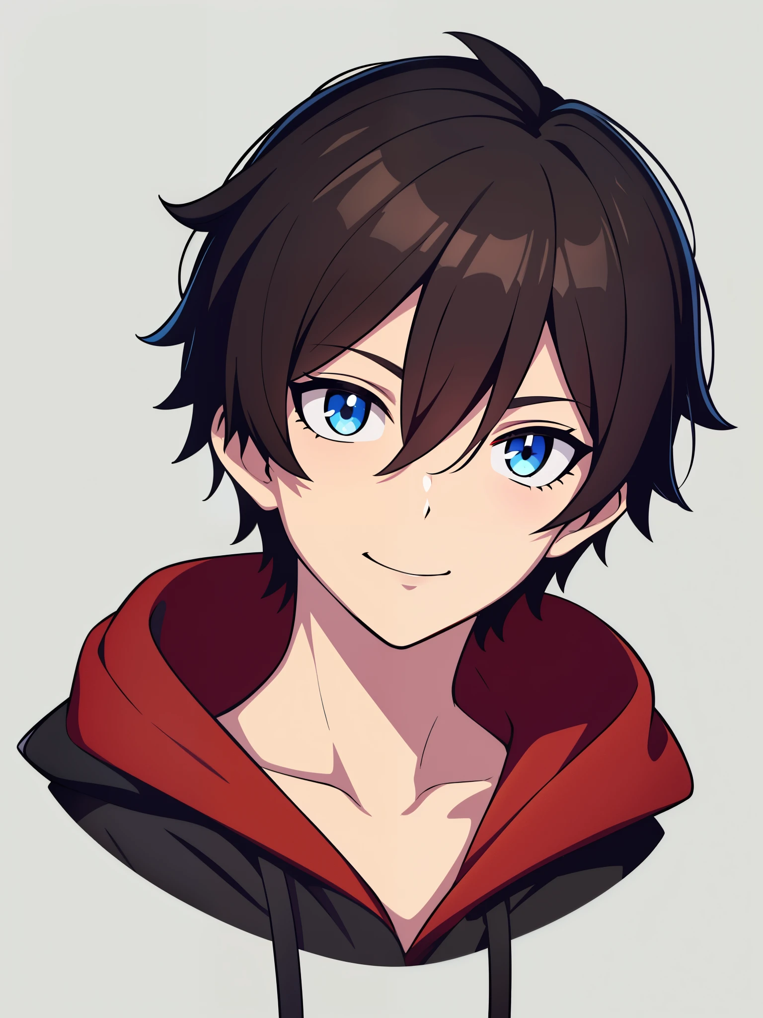 (high-quality, breathtaking),(expressive eyes, perfect face) portrait, 1boy, male, solo, young , black hair, red eye color, short hair length, soft wavy hair, cute smile, loose hair, side bangs, looking at viewer, portrait, medium full shot, happy expression, RWBY clothing, black hoodie, gold trim, white shirt, red, grey background
