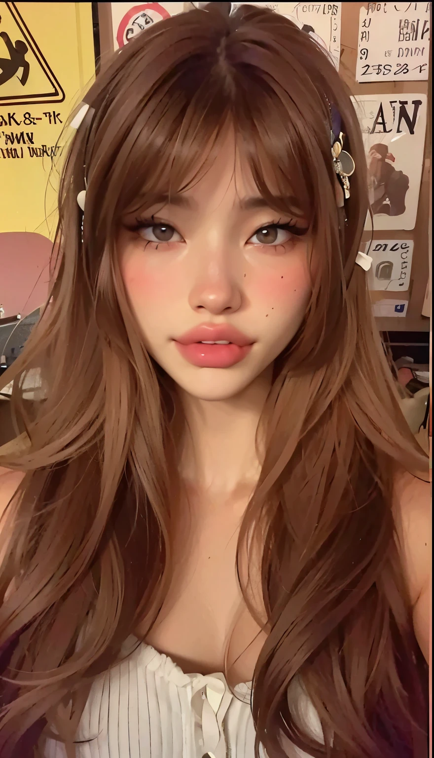 A close-up of a woman with olhos puxados on her head, Retrato Sophie Mudd, Anna Nikolanova aka Newmilky, pokimane, from ear, 18-years old, Delphine bonita, yelena belova, angelina stroganova, brunette with dyed blonde hair, 🤤 portrait of , 2 4 years old female model, julia gorokhova, instagram model, asiática, korean, Asian, pretty face,