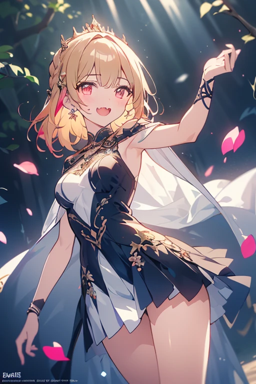 yor briar(spy × family), anime style beutiful woman, 1girl, fullbody ,happy, smile, red face, closed mouth, beautiful detailed eyes, super detailed skin, backlighting, bare shoulders, black background, black dress, black gloves, black hair, breasts, dress, earrings, fingerless gloves, floating hair, floral print, flower, gloves, gold earrings, gold hairband, hair flower, hair ornament, hairband, holding, holding weapon, jewelry, large breasts, long hair, looking at viewer, off-shoulder dress, off shoulder,red eyes, short hair with long locks, sidelocks, solo, spikes, thighs, two-sided dress, two-sided fabric, weapon, fighting stance , face, close up, from above, highest quality, high resolution.