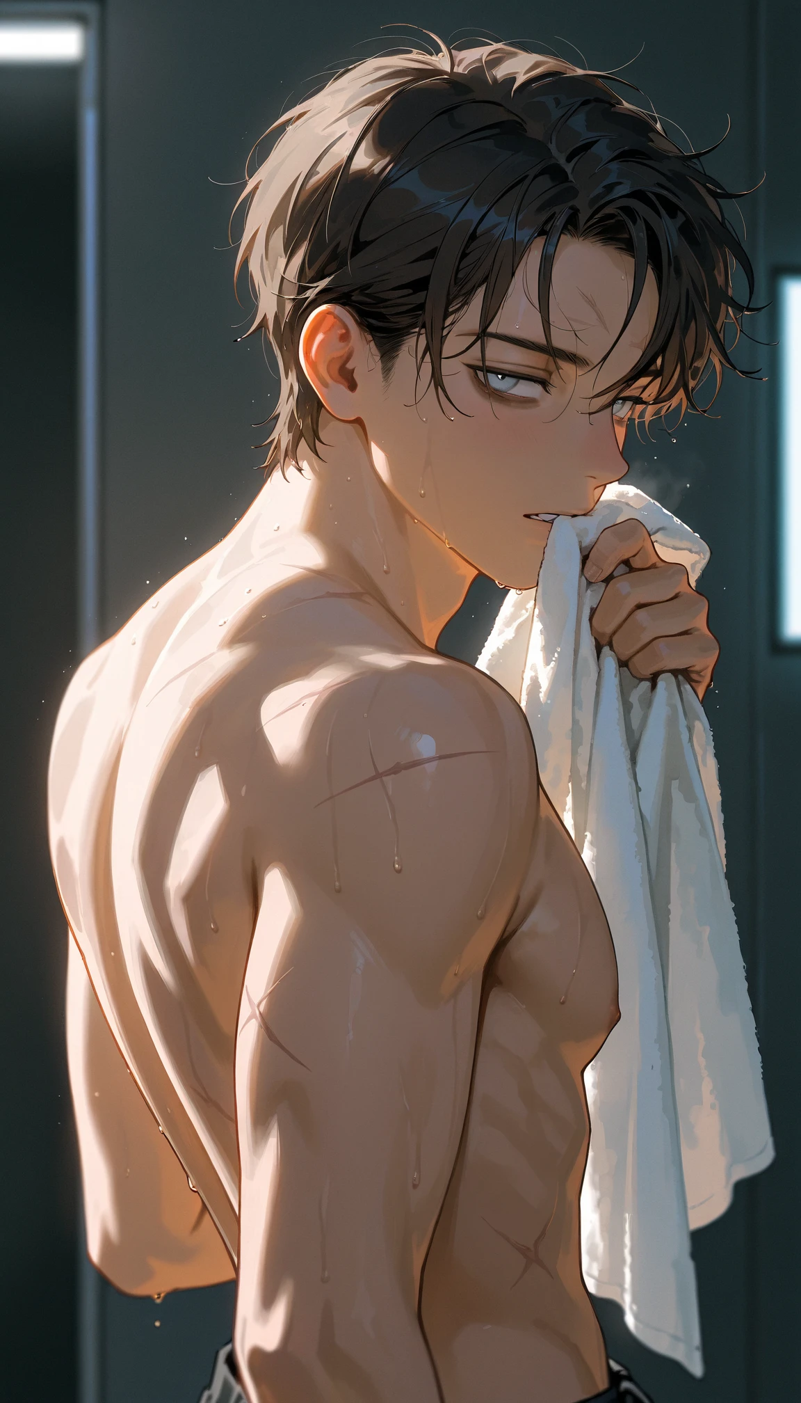 shirtless handsome manly short black hair caucasian male in tattered short jeans and sneakers, shirtless, sweating profusely, drenched with sweat, exhausted, panting, standing at the wall, doing poses, at home