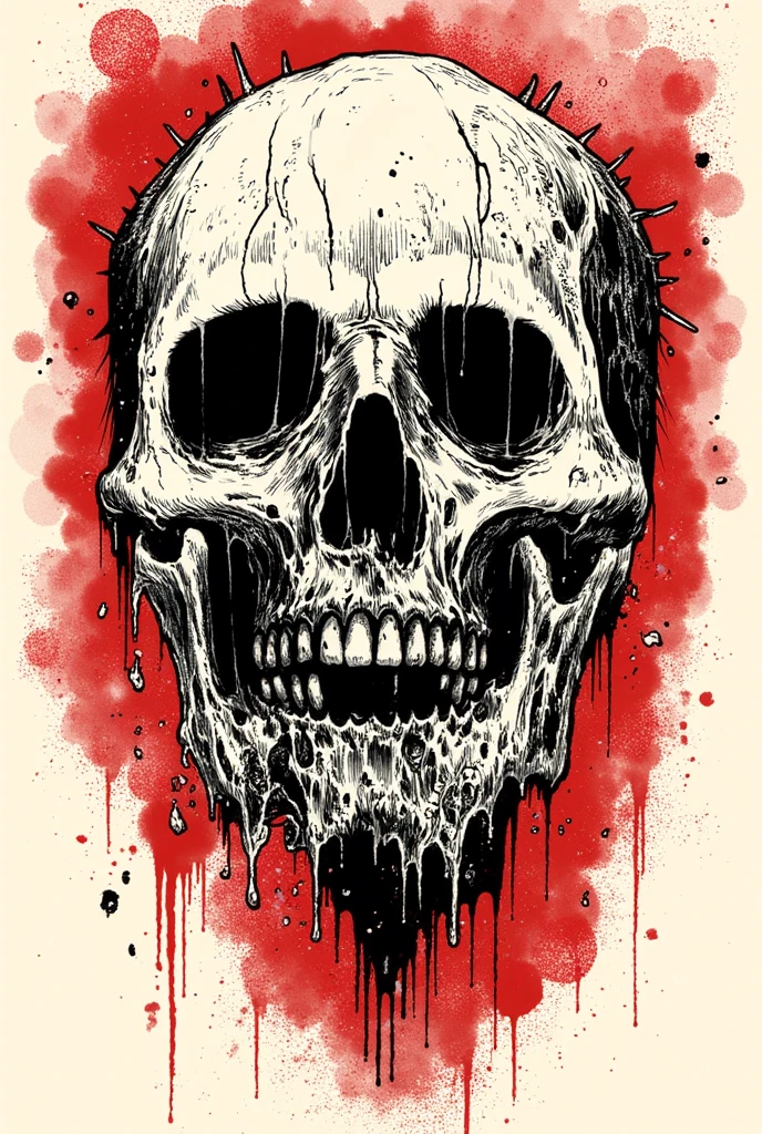 skull formed by a bleeding barcode, background factory chimneys,