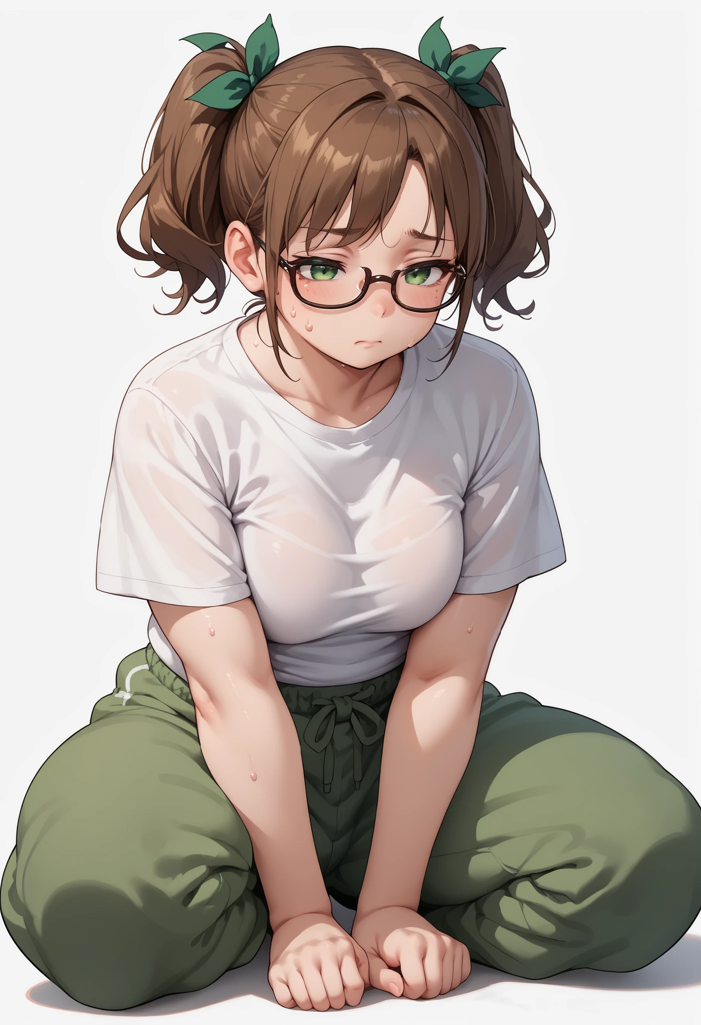 source_anime ,score_9, score_8_ up, score_7, ((White background)) ((japan woman)) ((1girl)) (solo girl) ,30 years old, rathing_questionable (White over size t-shirt:1.4) (green sweatpants:1.2), green eyes , (green tied in a double ponytail) ,(Brown cat glasses) ((small breasts:0.8)) , ((Chubby figure:0.7)) Tired, press on your knees ,sweat