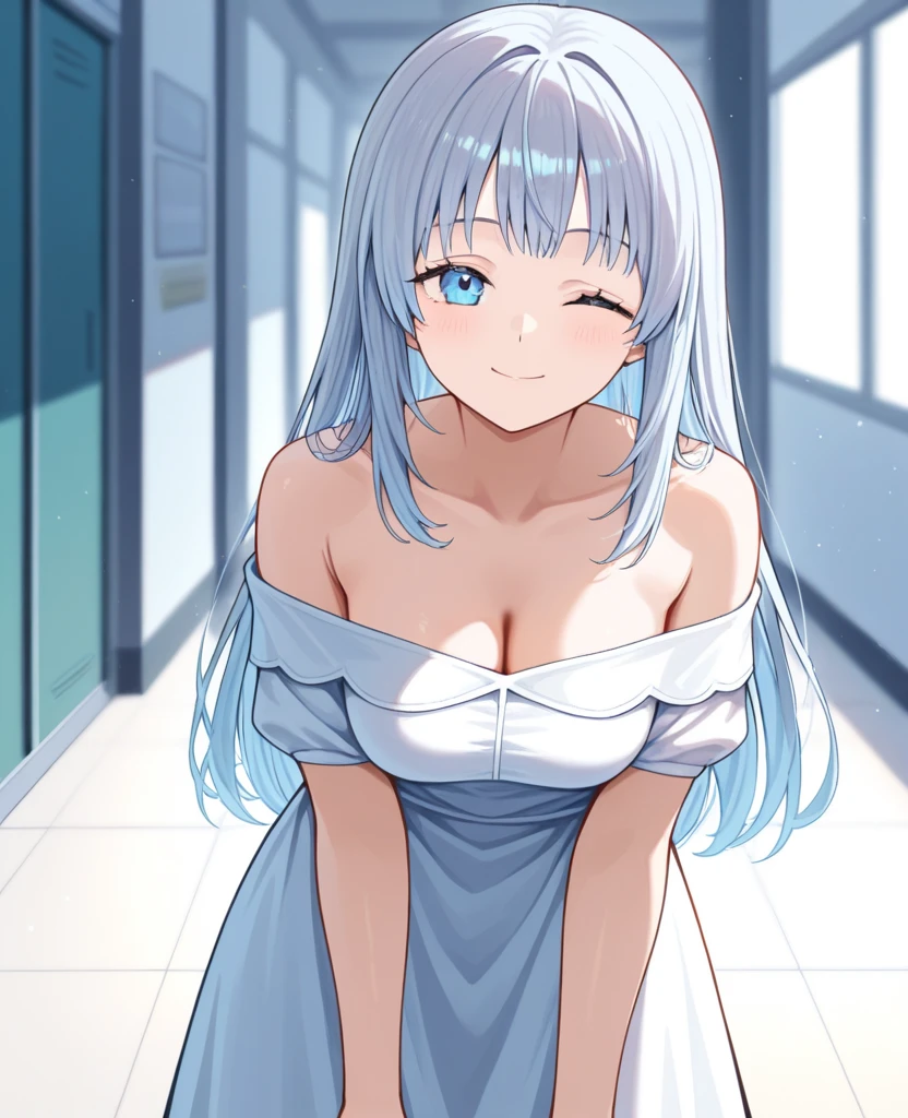 masterpiece, best quality, LIM, lollipop, kazami kazuki, silver hair, 1 girl, solo, standing, long hair, purple eyes, indoors, lab coat, front view, nude,