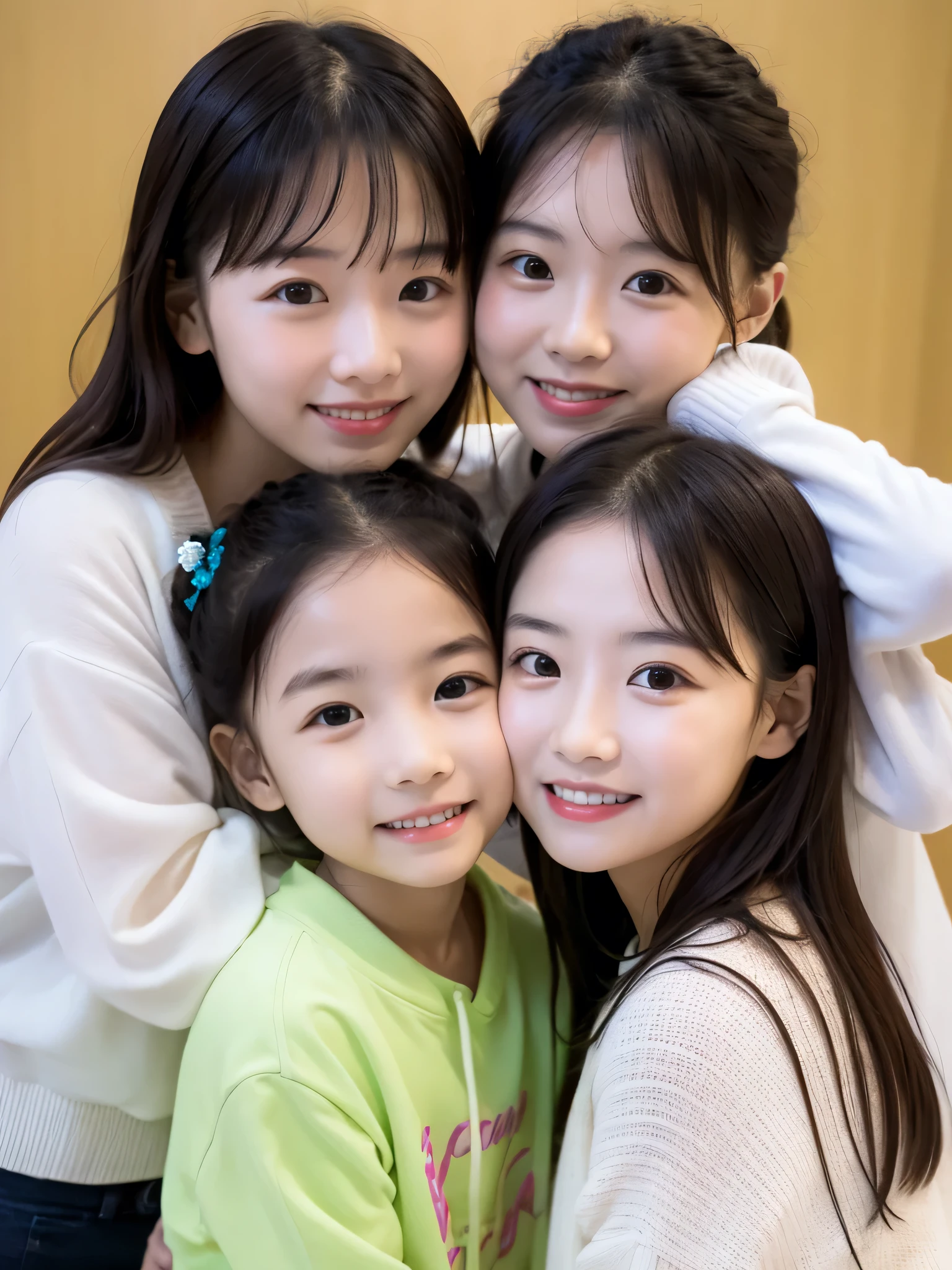 details、 BEST QUALITY , masterpiece, happy smile、 beautiful background, mother and daughter、 Family of 4、 Portrait 、 black hair、 34 year old mother 、Three Sisters