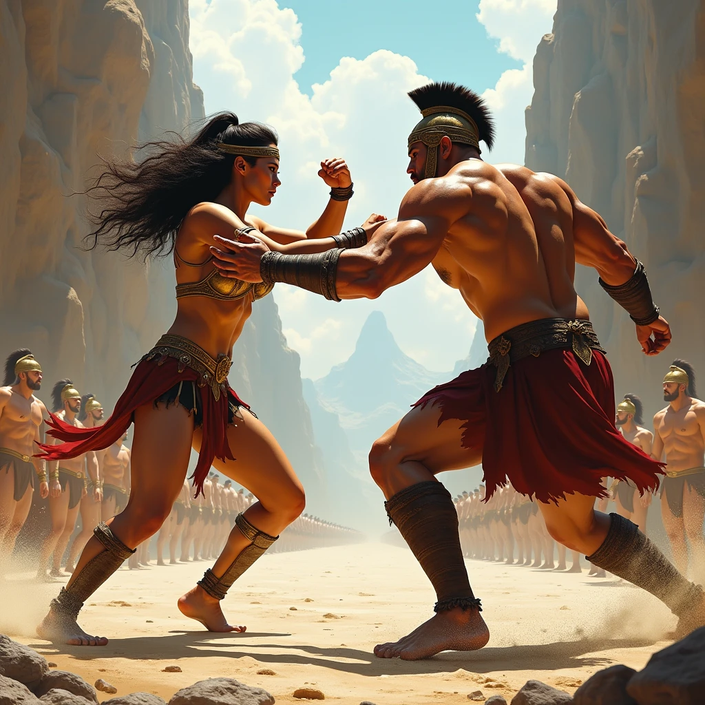 Realism, super quality, action battle photo style, boy is holding the the tip of the sword against defeated woman's throat, stabbing her throat, her head is thrown back, woman has large masculine Adam's apple, (woman is a 30-year-old warrior mom, feminine face, gothic makeup, naked chest, pale skin, long hair) (boy is 12-years-old) roman empire fight