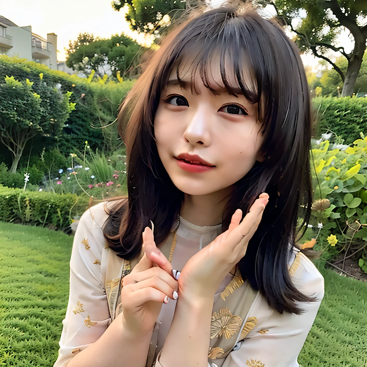 A breathtakingly beautiful 20-year-old woman stands in a lush green park at sunset, bathed in the warm golden light of the evening sun. Facing forward, her eyes gently closed, cheeks slightly flushed, and her face tilted upward as if anticipating a kiss, she embodies serenity and romance. The soft hues of the sunset complement the tranquil surroundings, enriching the dreamy atmosphere. Long hair, dark hair, dark eyes.