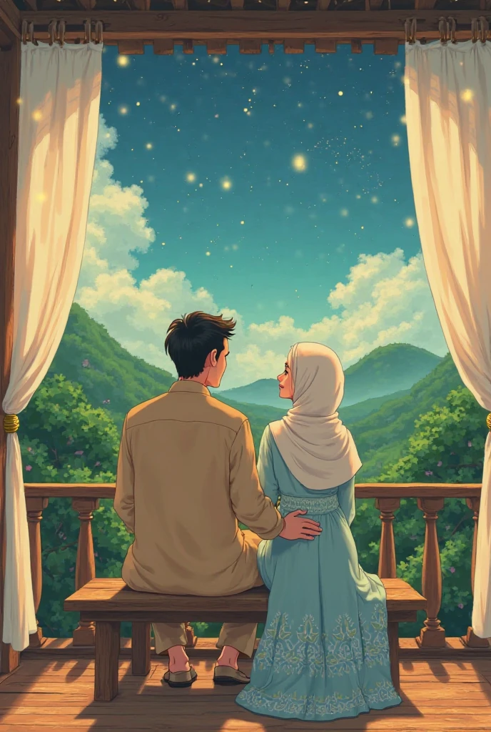 Two hijabi girls ,seat in beautiful balcony with cat