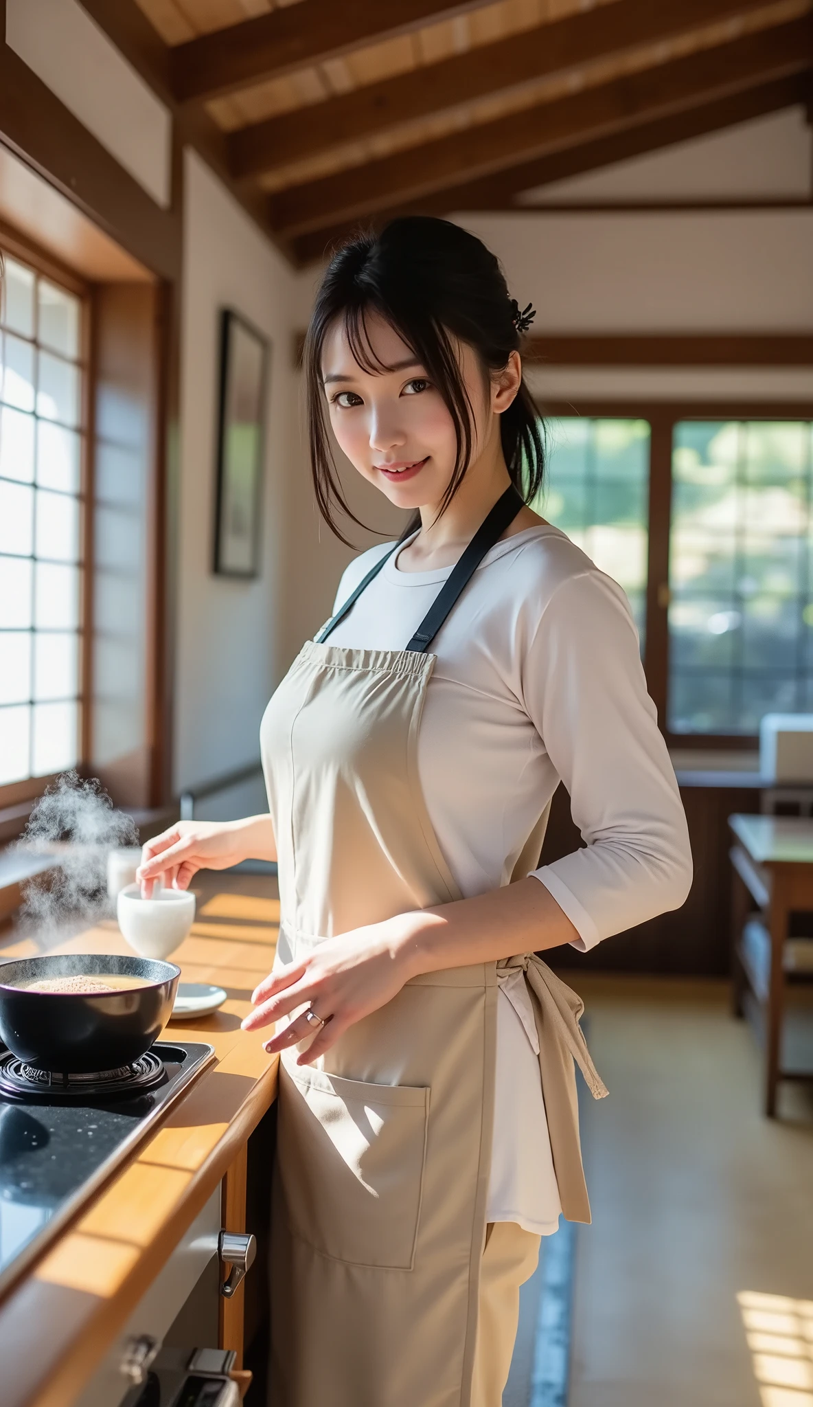 A Japanese woman in a plain apron over a long-sleeved blouse and loose pants, preparing breakfast in a traditional Japanese kitchen with wooden beams and tatami floors, steam rising from a kettle, warm domestic atmosphere, full-body portrait, ultra-realistic.